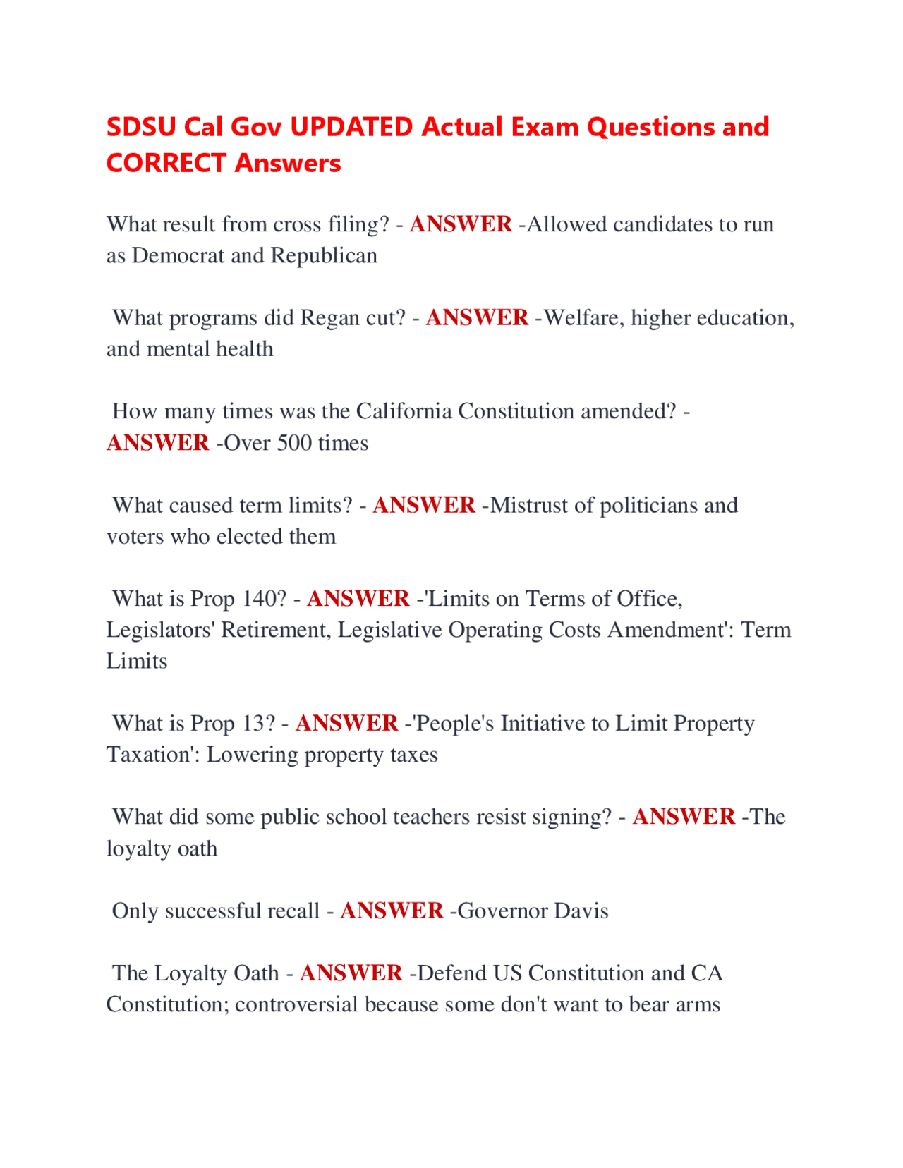 SDSU Cal Gov UPDATED Actual Exam Questions and CORRECT Answers | Exams ...
