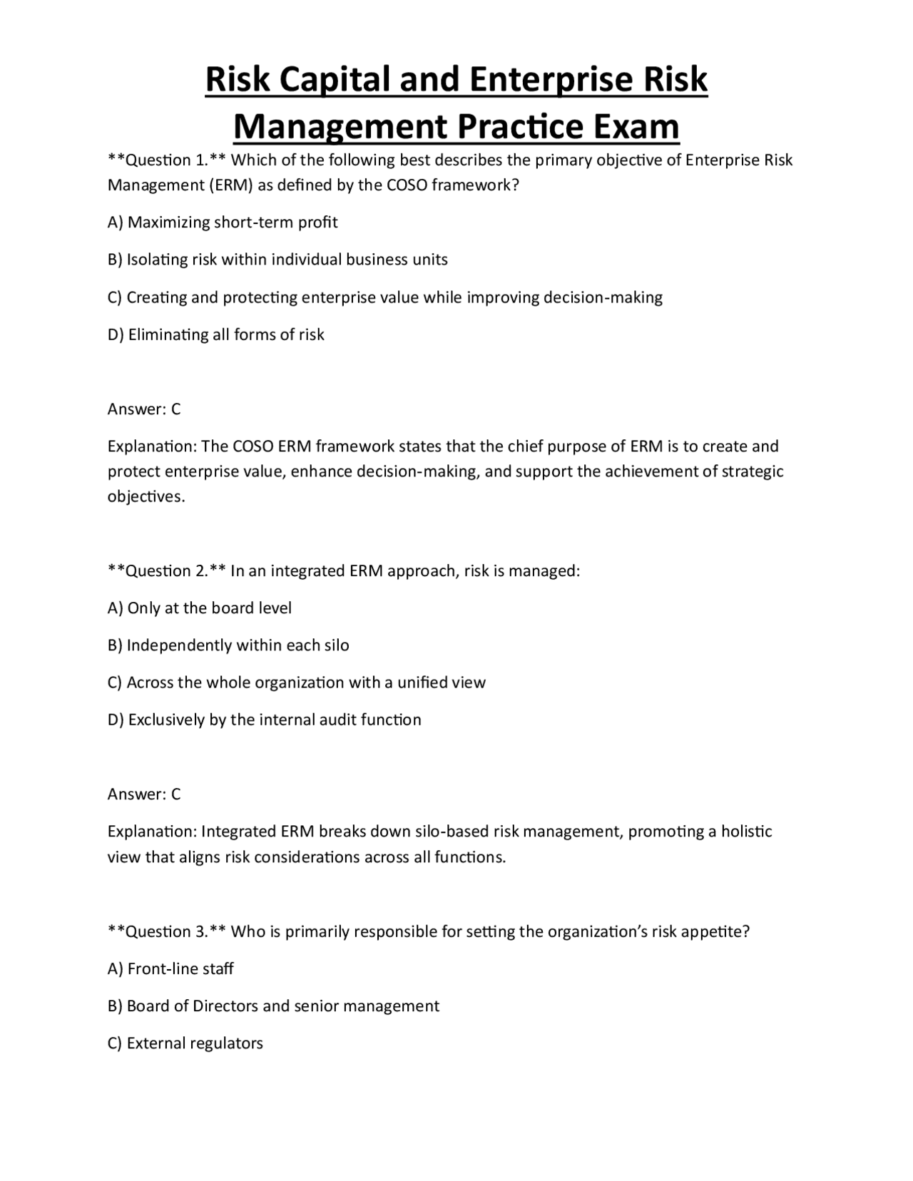 Risk Capital and Enterprise Risk Management Practice Exam | Exams ...