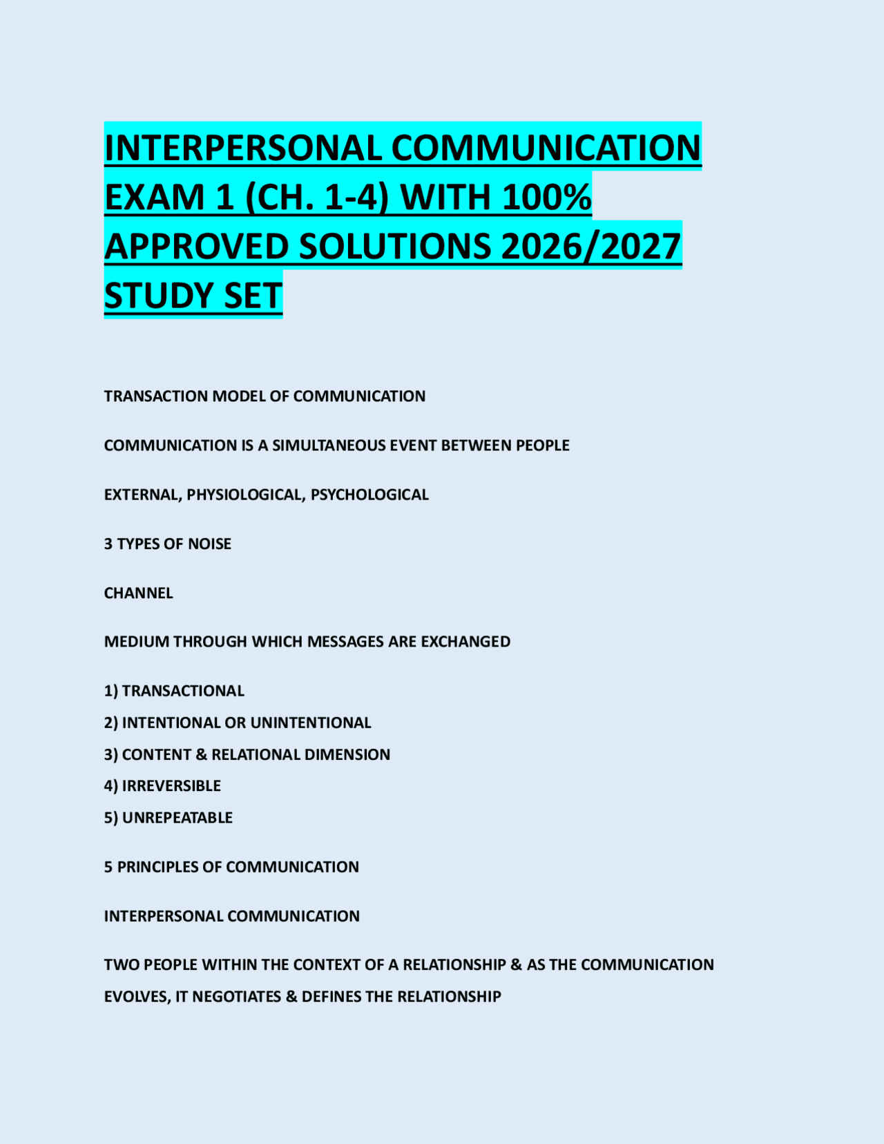 INTERPERSONAL COMMUNICATION EXAM 1 (CH. 1-4) WITH 100% APPROVED ...