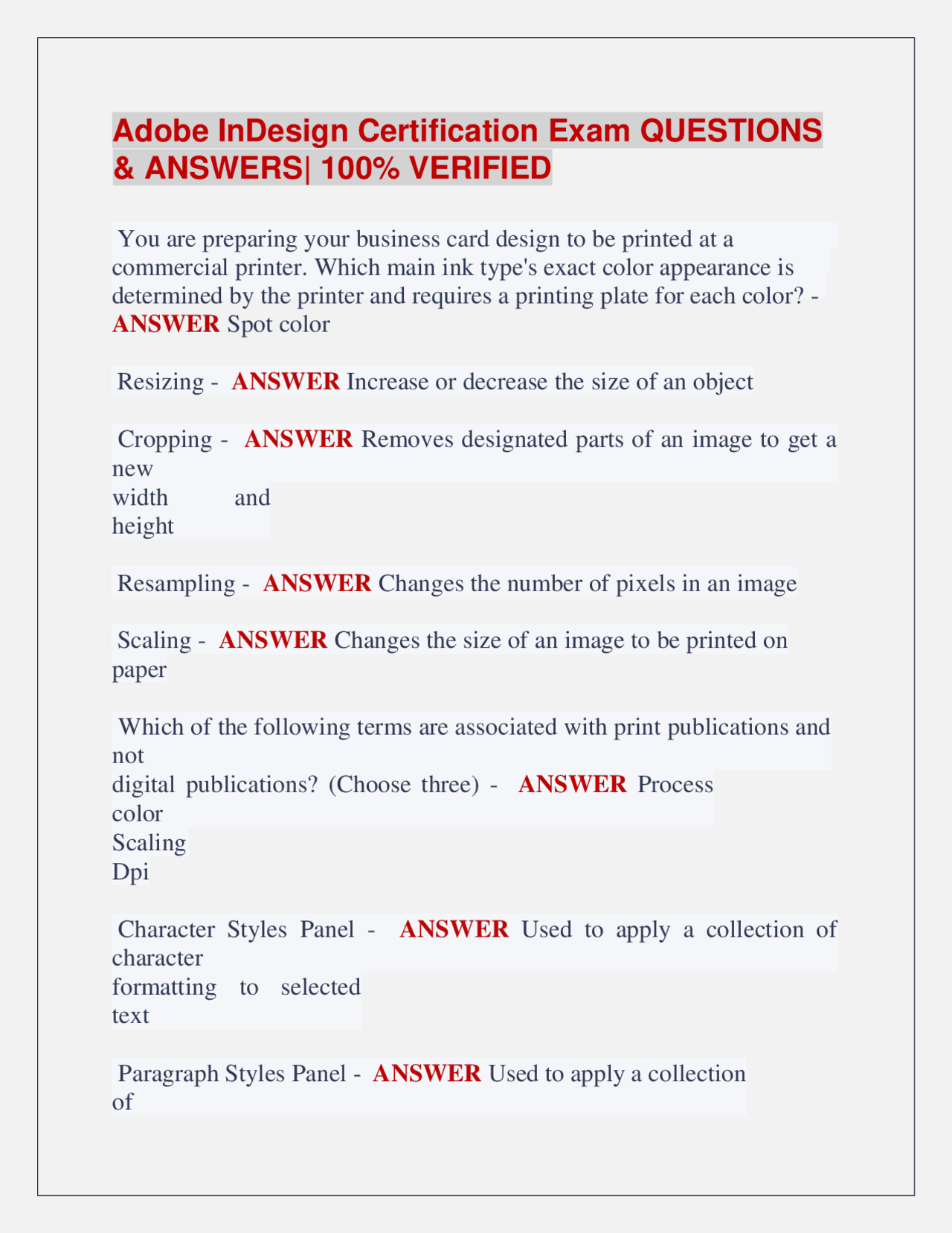Adobe InDesign Certification Exam QUESTIONS & ANSWERS| 100% VERIFIED ...