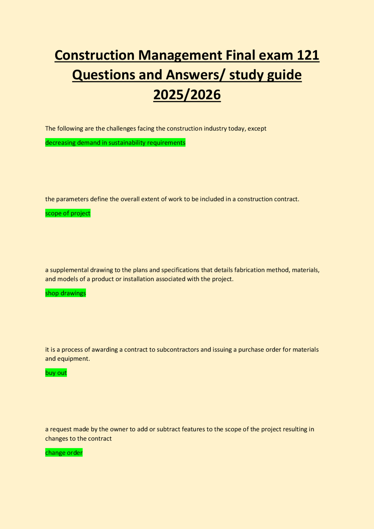 Construction Management Final Exam Study Guide: Questions and Answers ...