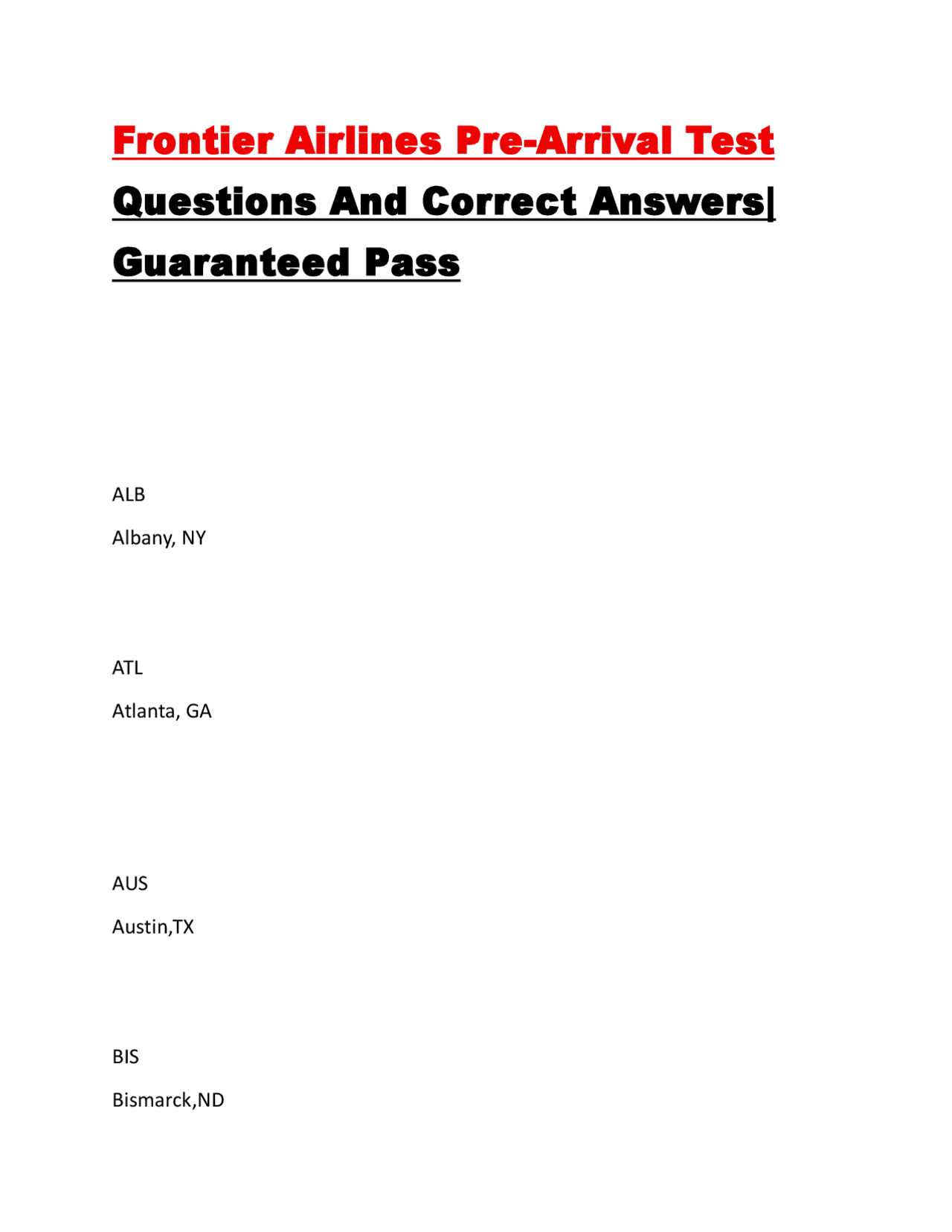 Pre Flight Questions Frontier Airlines Pre-Arrival Test Questions And Correct Answers ...