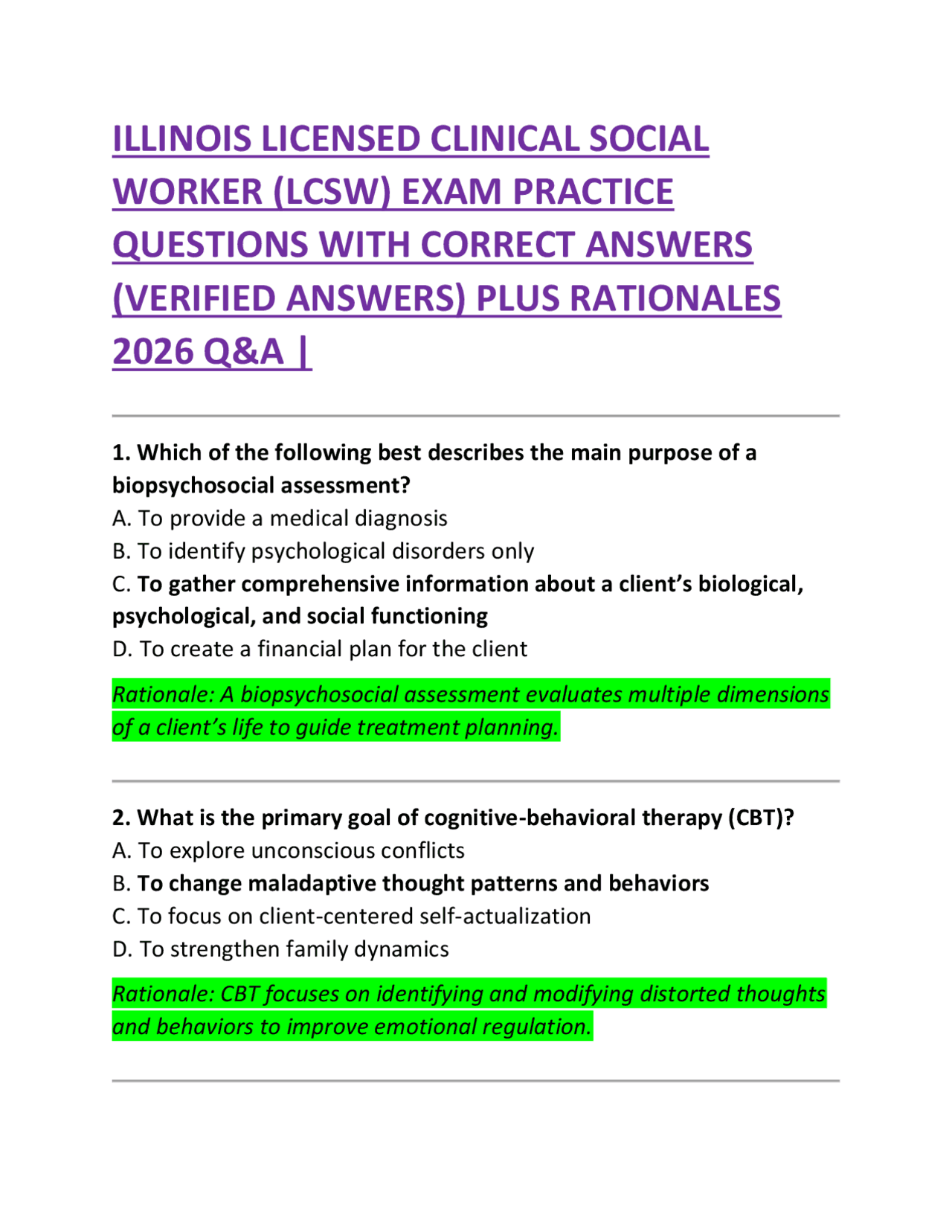 Example Lcsw Questions ILLINOIS LICENSED CLINICAL SOCIAL WORKER (LCSW) EXAM PRACTICE QUESTIONS ...