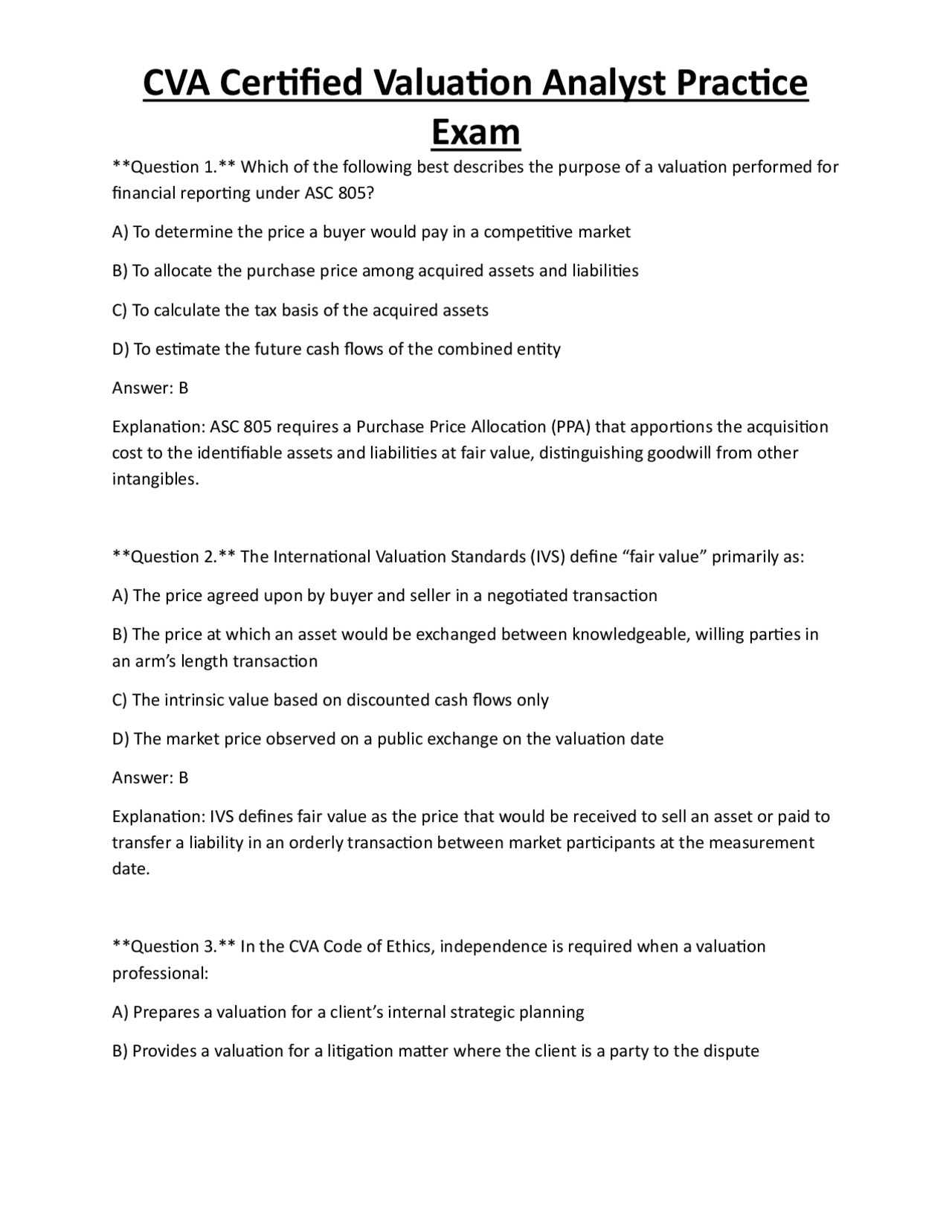 CVA Certified Valuation Analyst Practice Exam | Exams Technology | Docsity