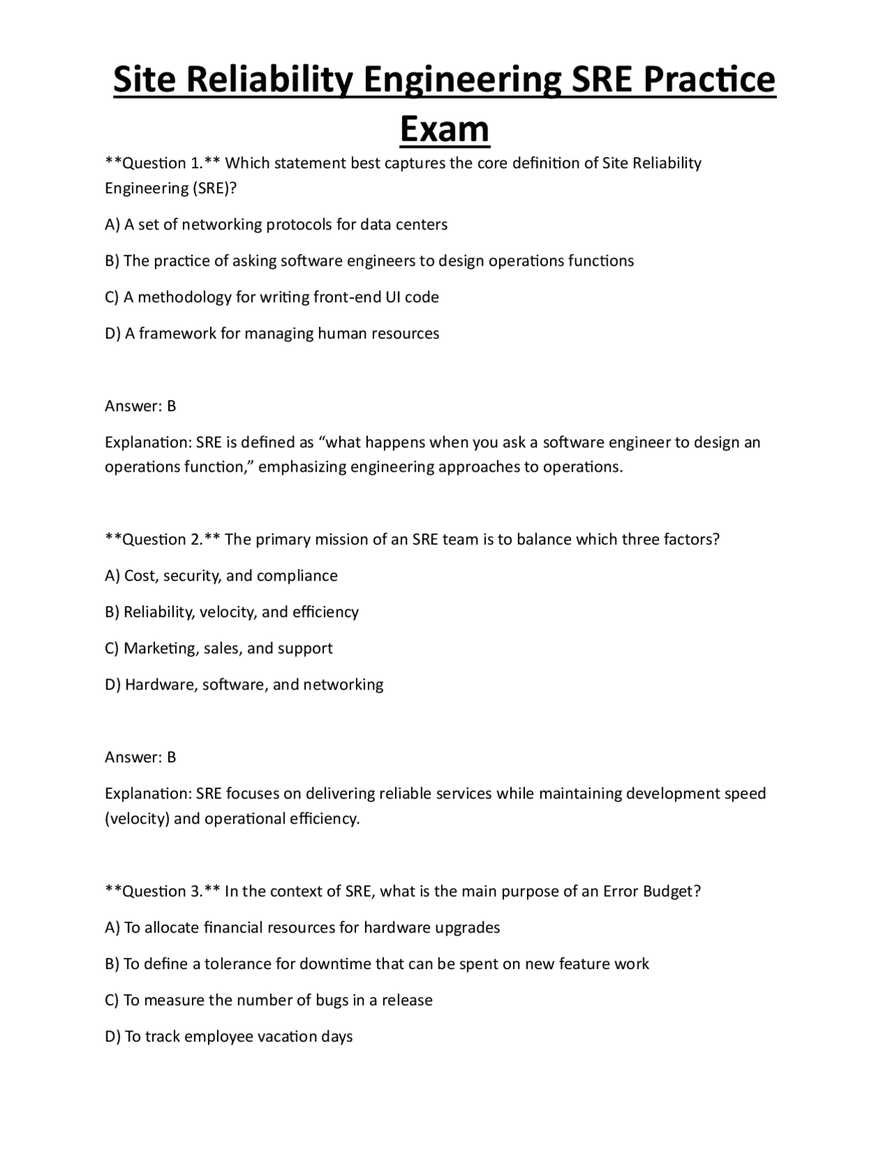 Site Reliability Engineering SRE Practice Exam | Exams Technology | Docsity
