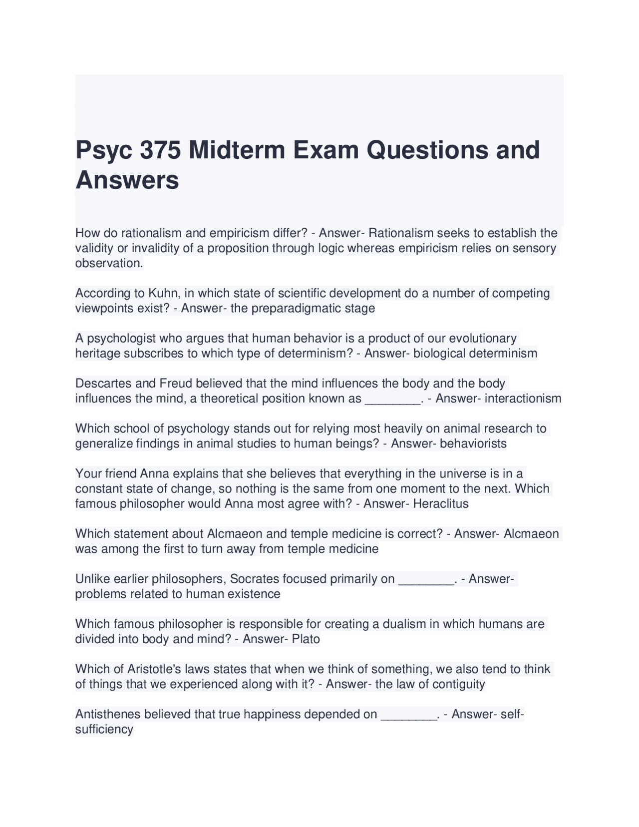 Psyc 375 Midterm Exam Questions and Answers || Latest Update | Exams ...