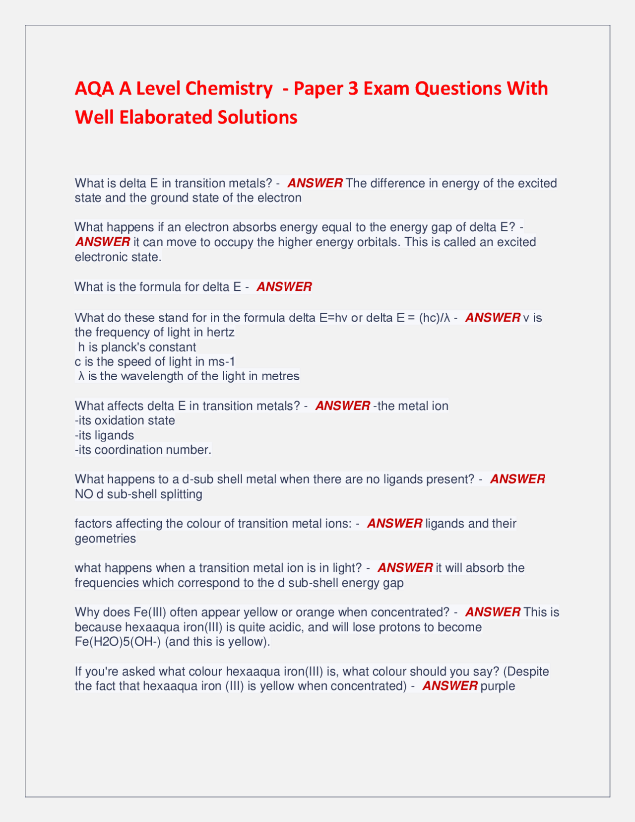 AQA A Level Chemistry - Paper 3 Exam Questions With Well Elaborated ...