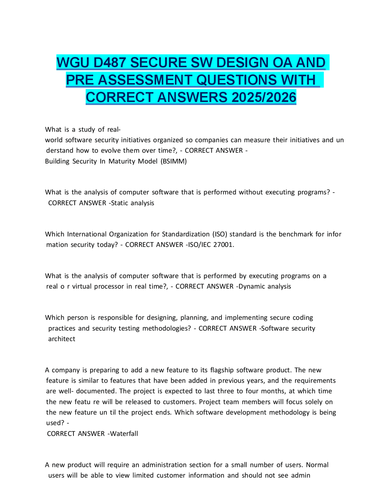 Secure Software Design: Key Questions and Answers for 2025/2026 | Exams ...