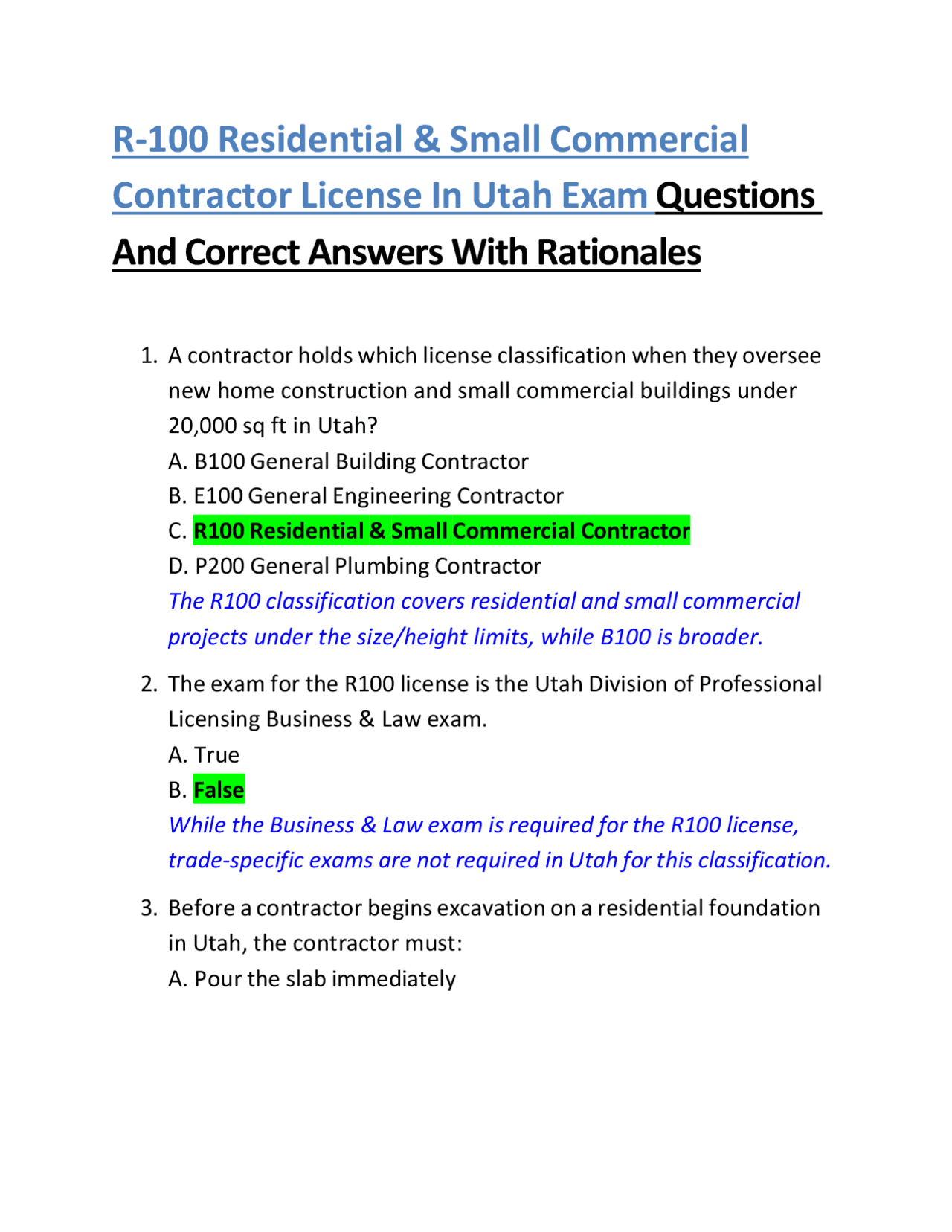 Image result for R-100 Residential & Small Commercial Contractor License In Utah Exam Questions And Answers ...