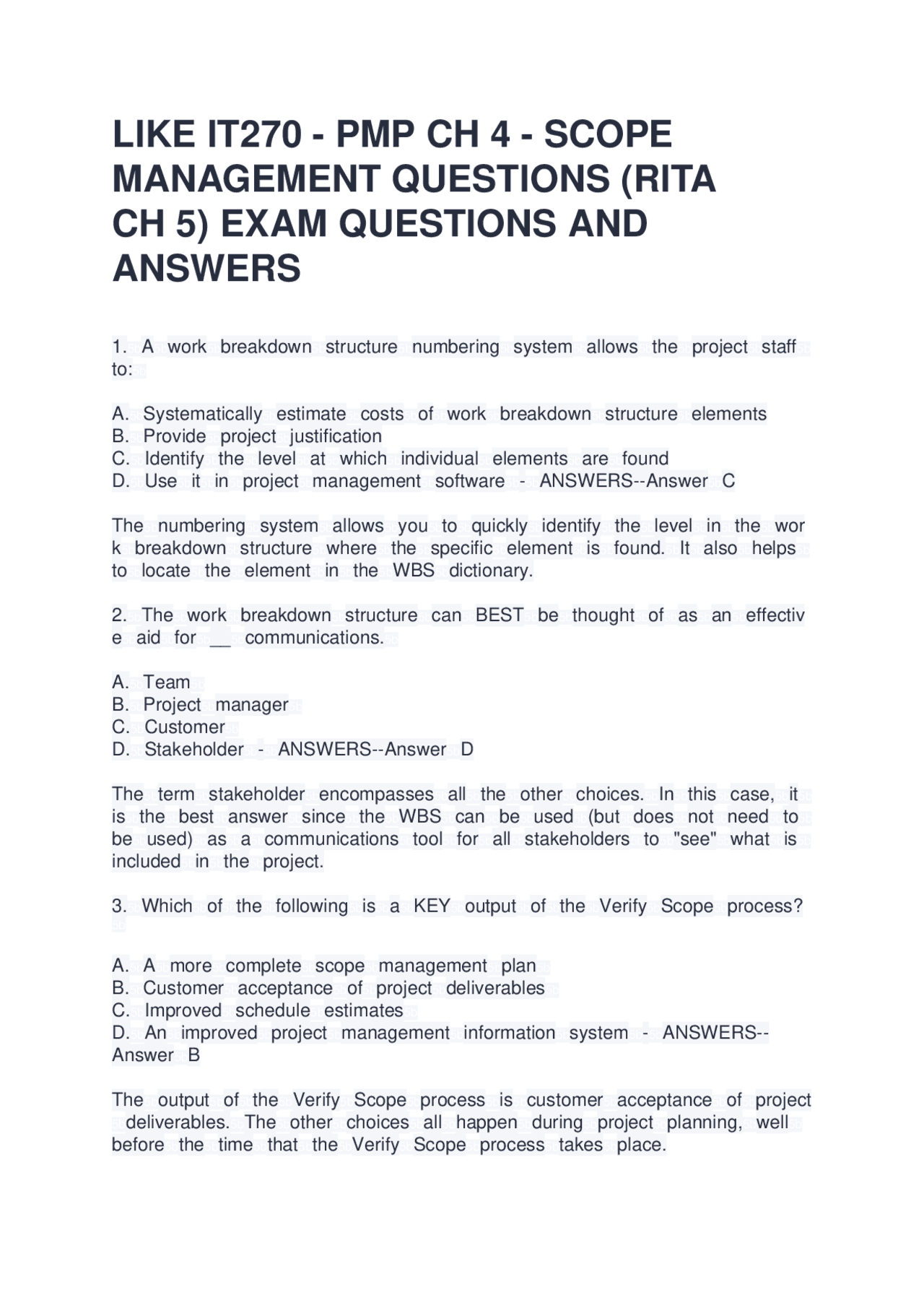 Scoping Questions Examples Project Scope Management: Practice Questions and Answers | Study notes ...