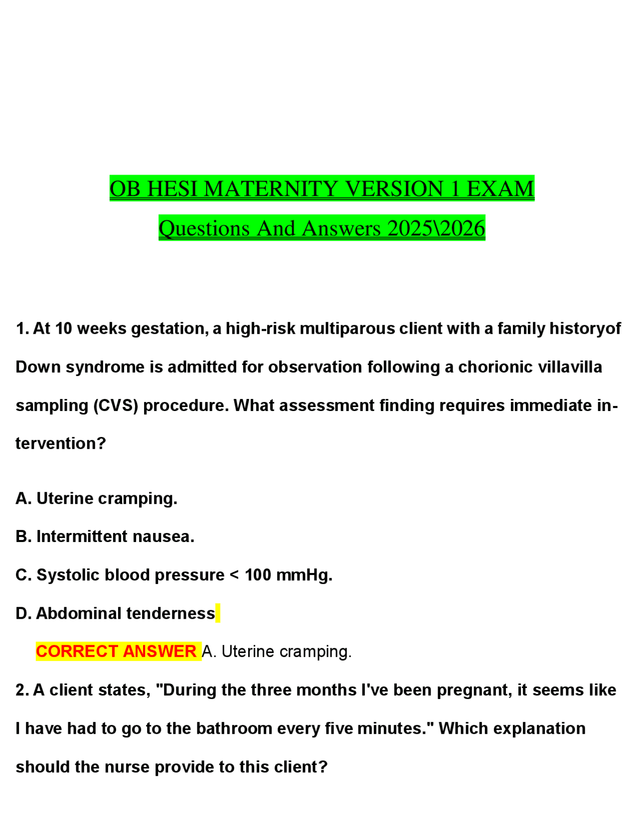 HESI Maternity OB Exam Version 1 – 2025/2026 Questions & Verified ...