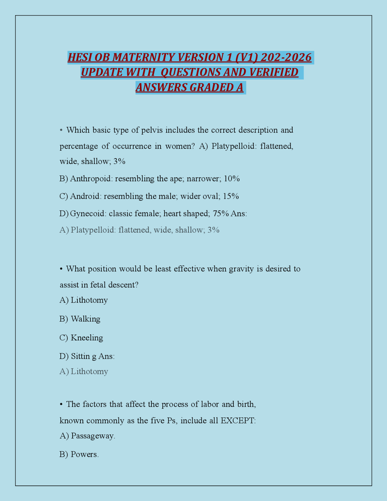 HESI OB MATERNITY VERSION 1 (V1) 2026 UPDATE WITH QUESTIONS AND ...