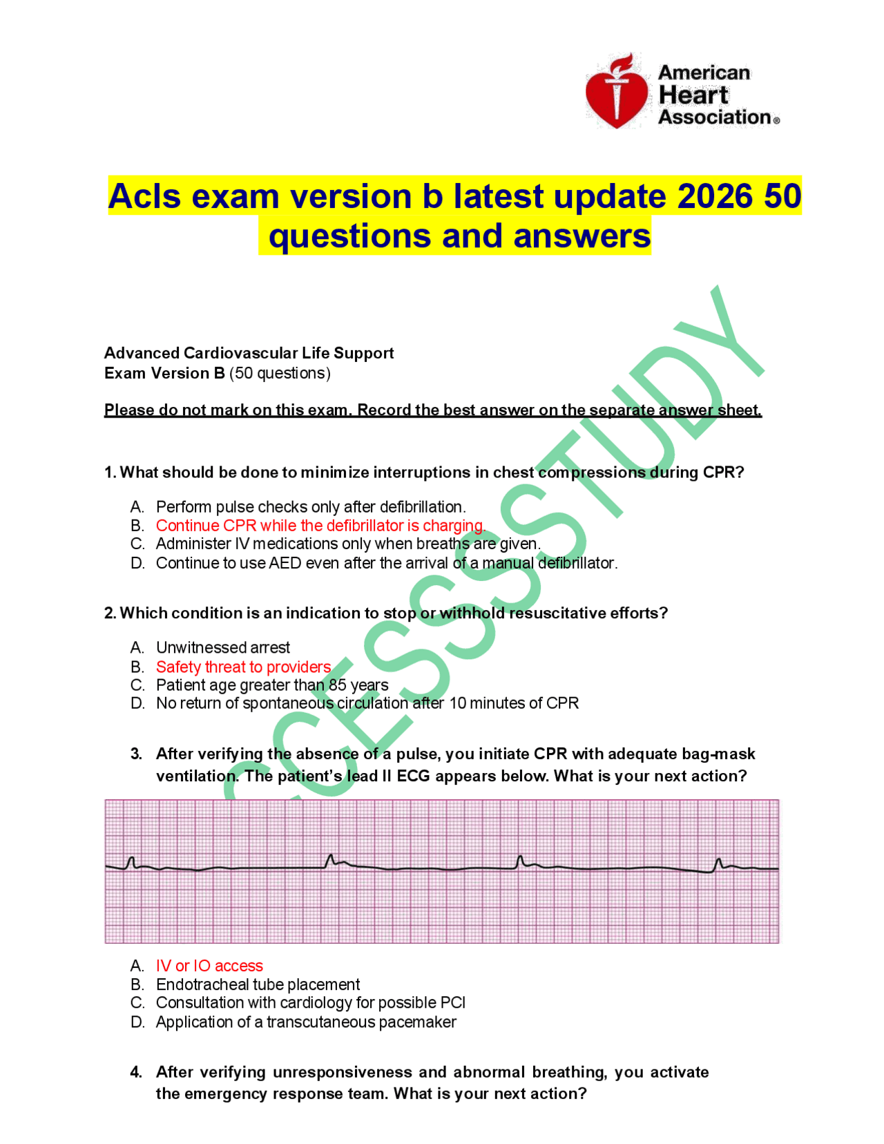 Acls exam version b latest update 2026 50 questions and answers | Exams ...