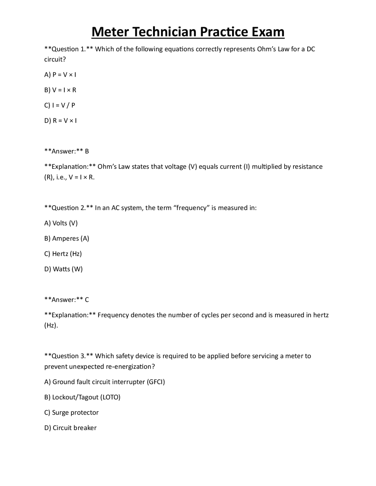 Meter Technician Practice Exam | Exams Technology | Docsity