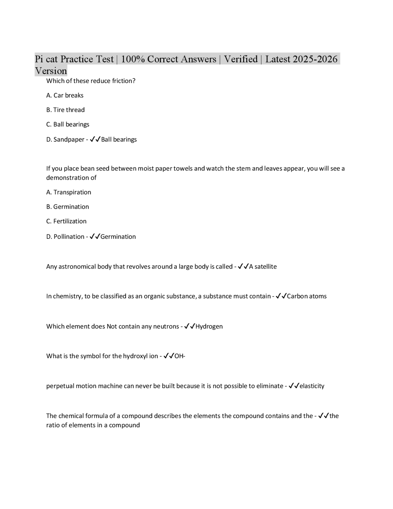 Pi cat Practice Test | 100% Correct Answers | Verified | Latest 2025 ...