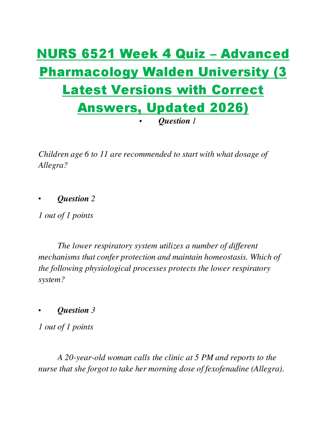 NURS 6521 Week 4 Quiz – Advanced Pharmacology Review | Exams Nursing ...