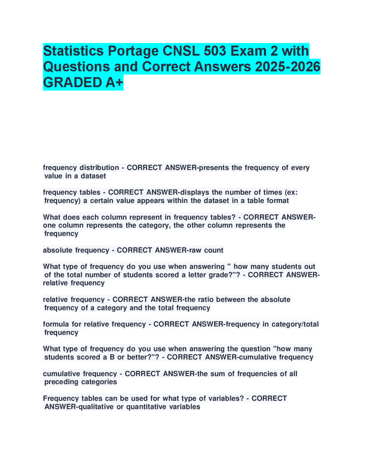 Statistics Portage CNSL 503 Exam 2 with Questions and Correct Answers ...