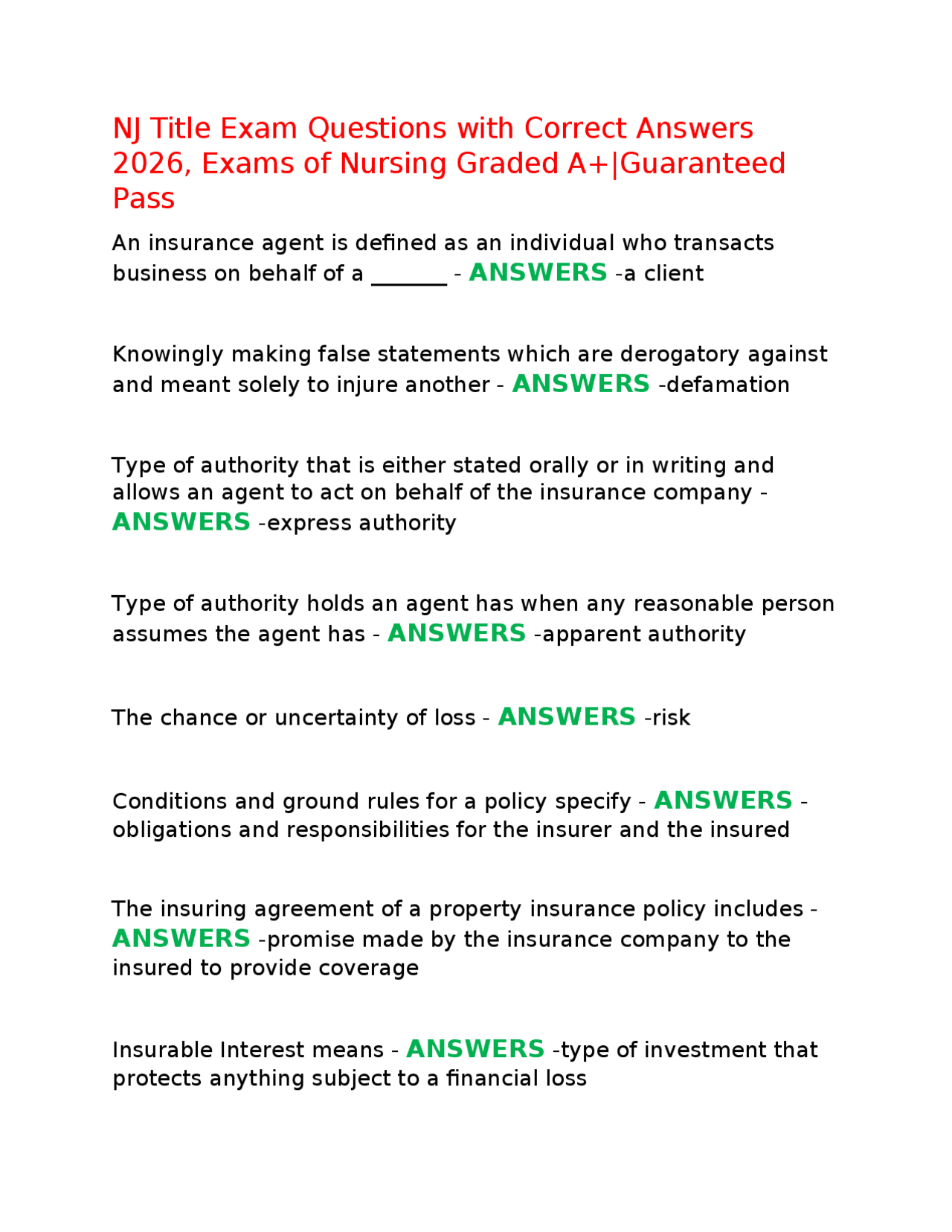 NJ Title Exam Questions and Answers: Insurance and Real Estate | Exams Nursing | Docsity