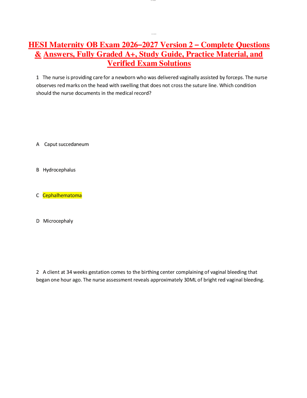 HESI Maternity OB Exam 2026–2027 Version 2 | Exams Nursing | Docsity