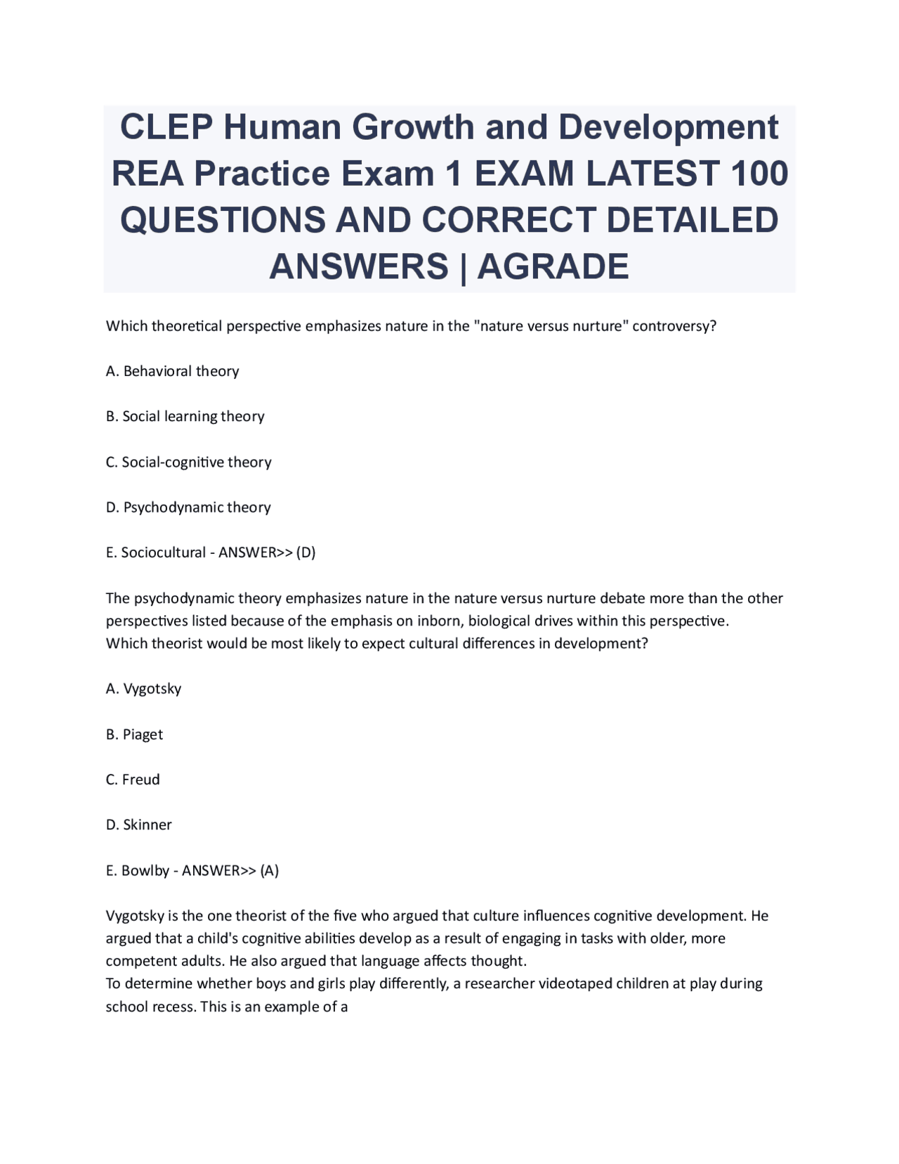 CLEP Human Growth and Development REA Practice Exam 1 EXAM LATEST 100 ...