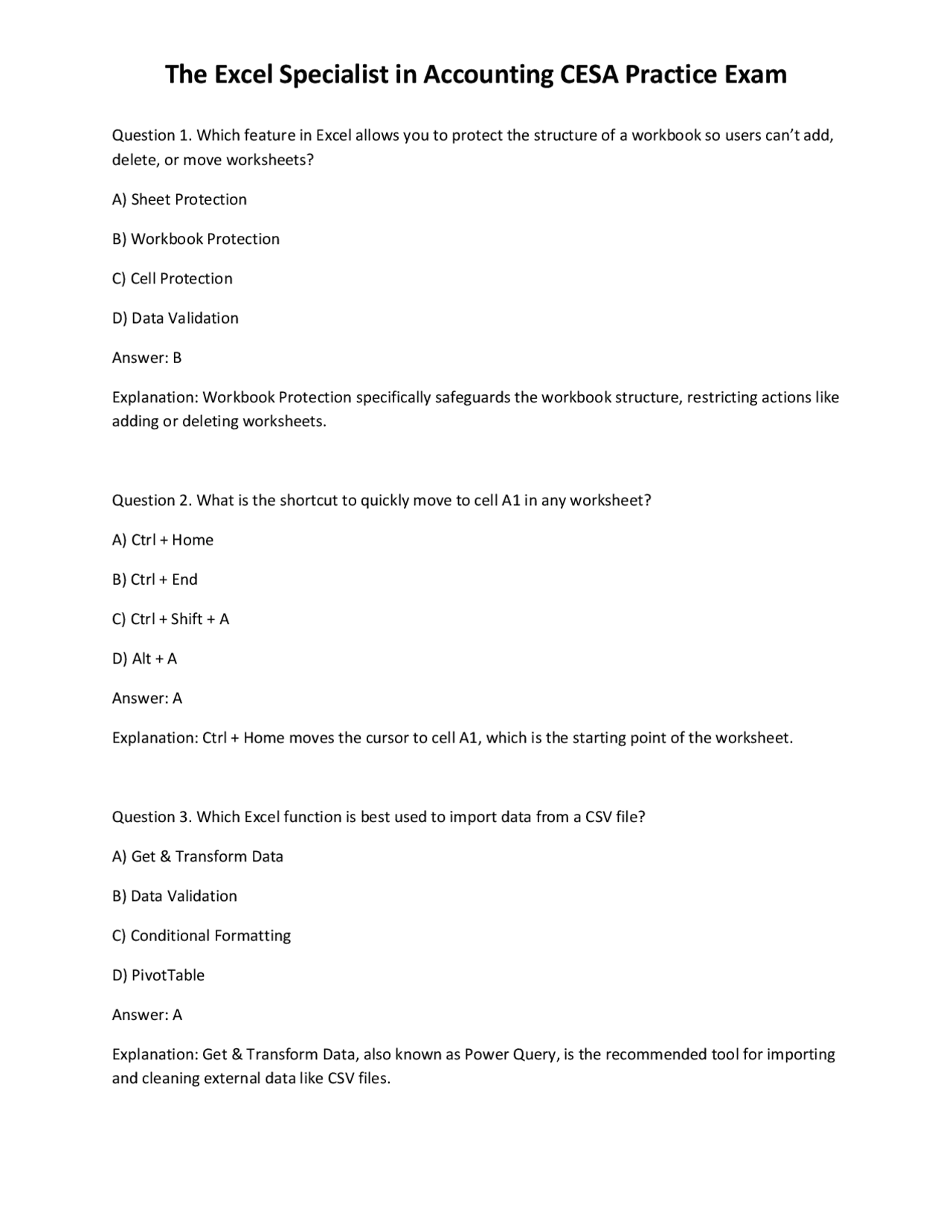 The Excel Specialist in Accounting CESA Practice Exam | Exams ...