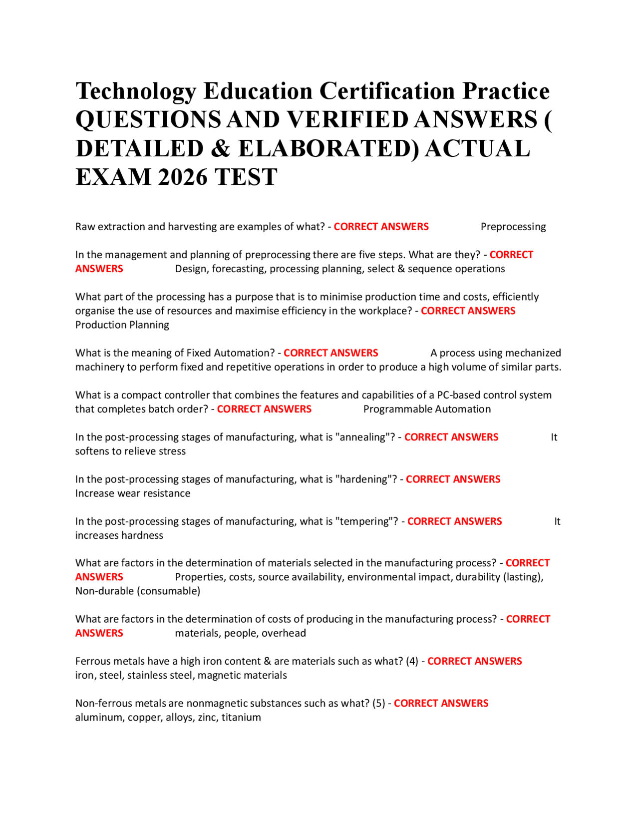 Tech Enhanced Question Practice Technology Education Certification Practice QUESTIONS AND VERIFIED ...