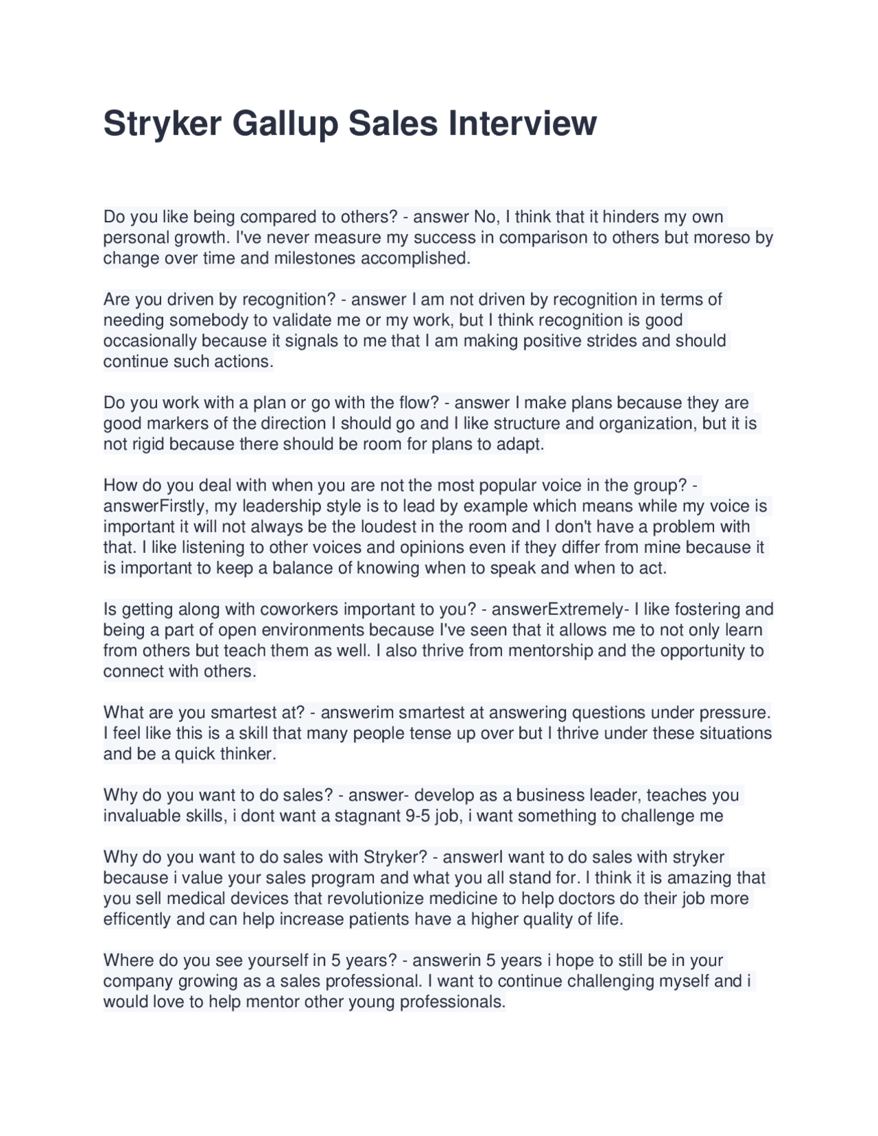 Stryker Gallup Sales Interview Questions and Answers | Exams Advanced Education | Docsity