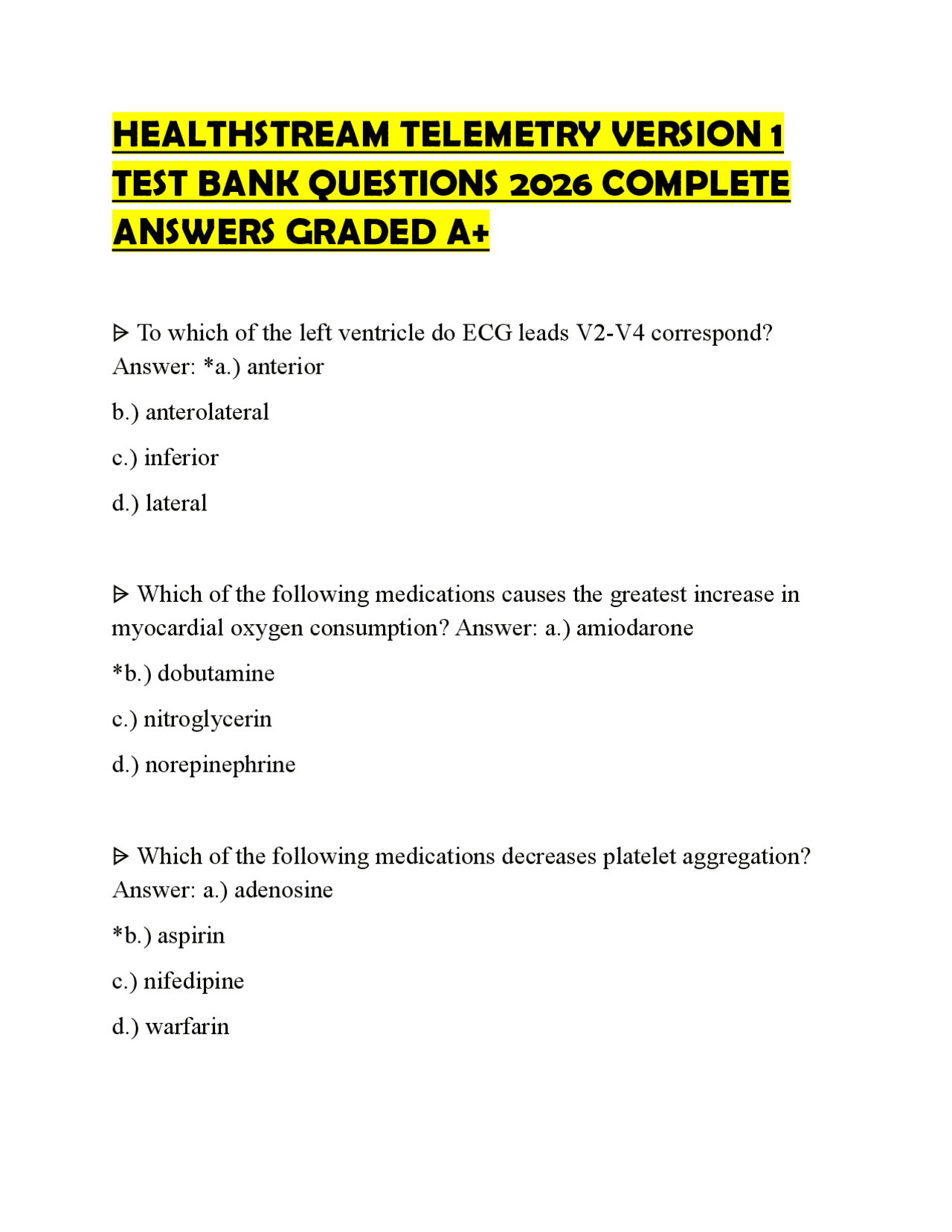 HEALTHSTREAM TELEMETRY VERSION 1 TEST BANK QUESTIONS 2026 COMPLETE ...