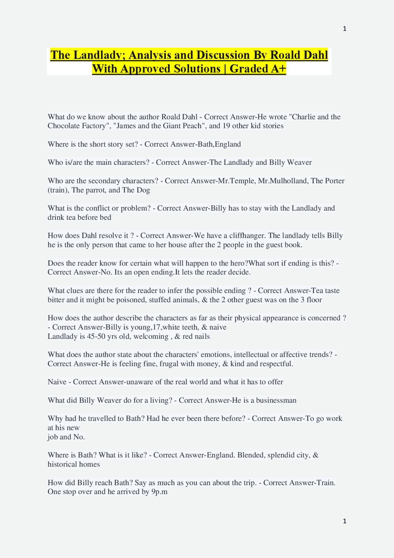 The Landlady; Analysis and Discussion By Roald Dahl With Approved ...