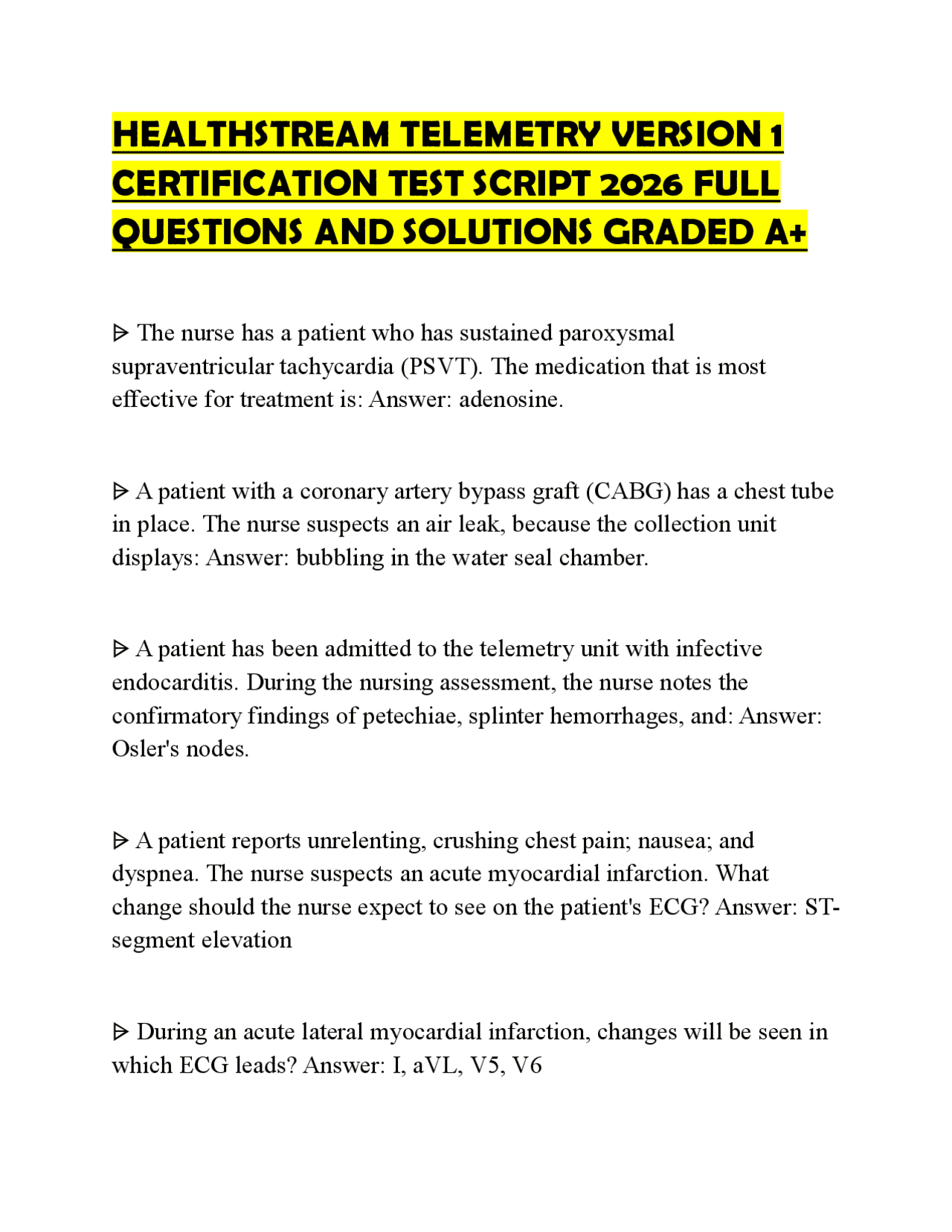 HEALTHSTREAM TELEMETRY VERSION 1 CERTIFICATION TEST SCRIPT 2026 FULL ...