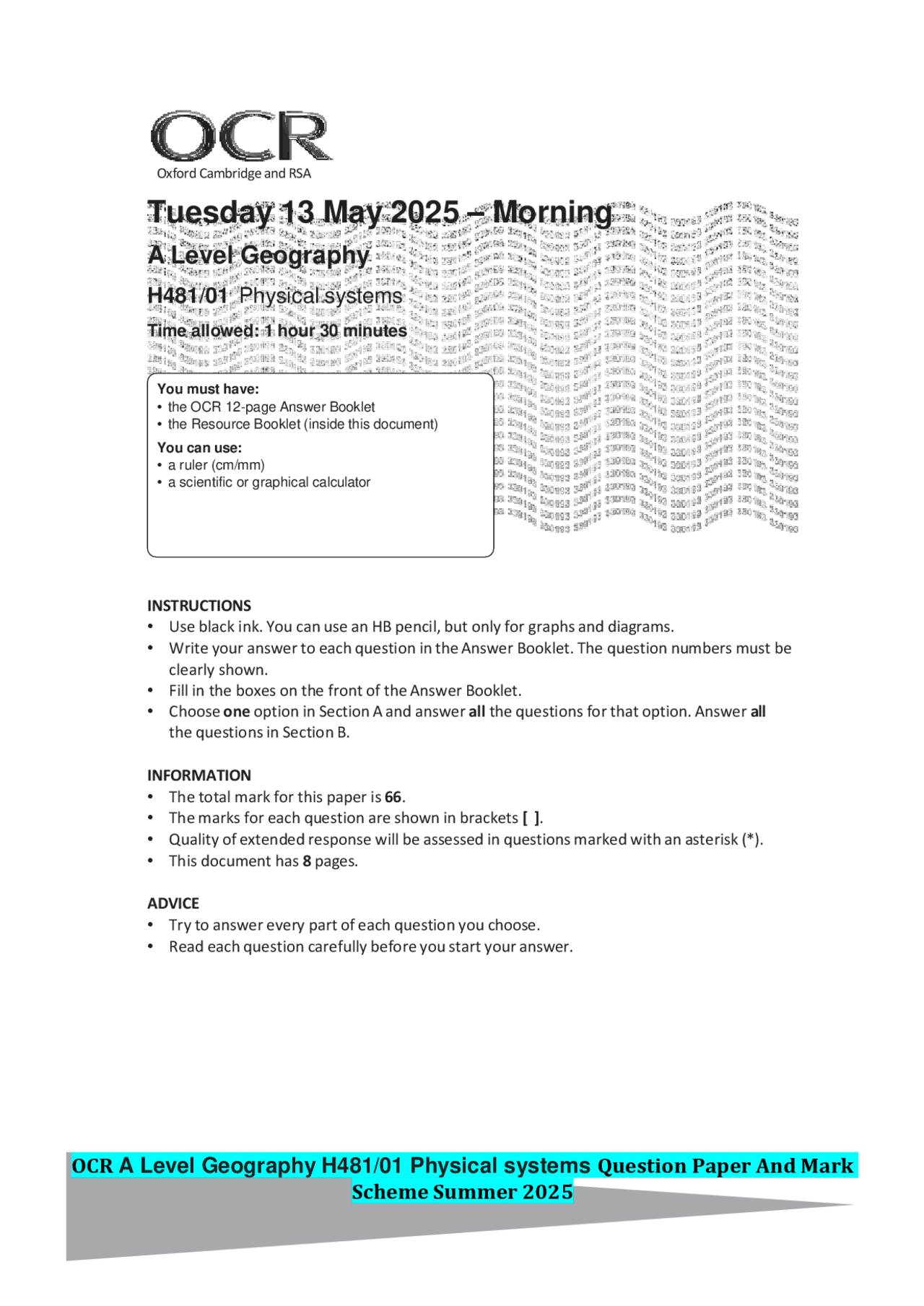 OCR A Level Geography H481/01 Physical systems Question Paper And Mark ...