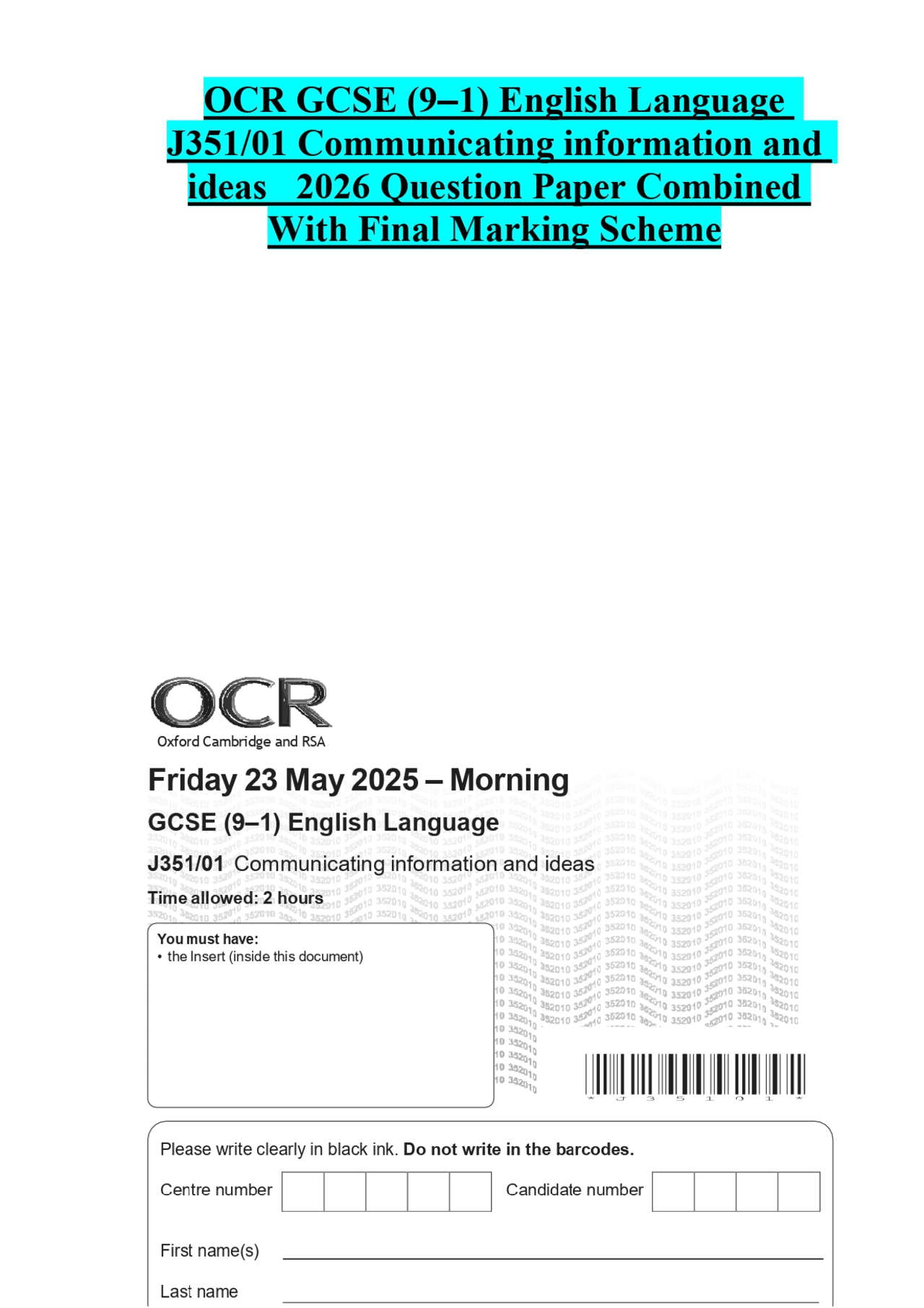 Ocr Gcse Reference Language Code OCR GCSE (9–1) English Language J351/01 Communicating information and ...