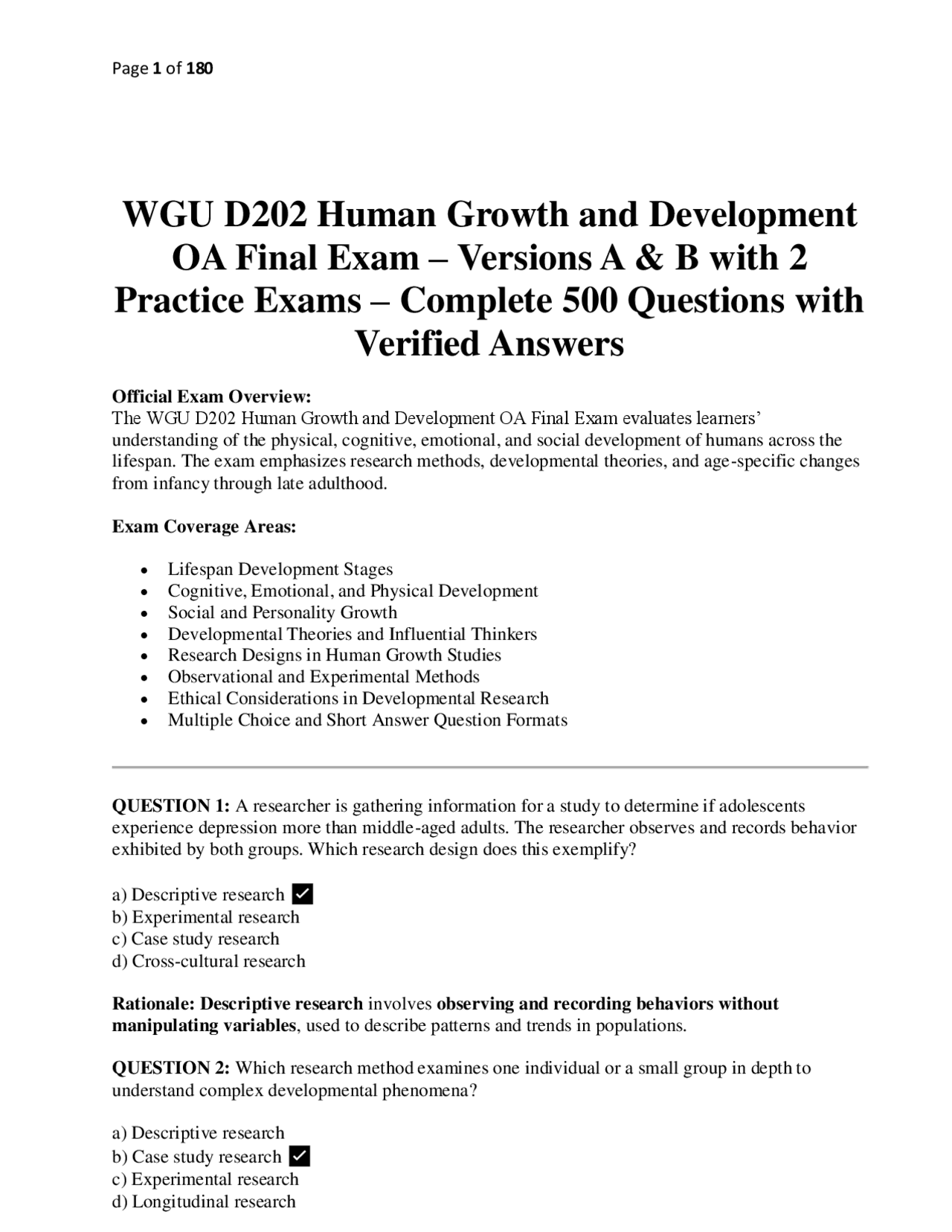 WGU D202 Human Growth and Development OA Final Exam – Versions A & B ...