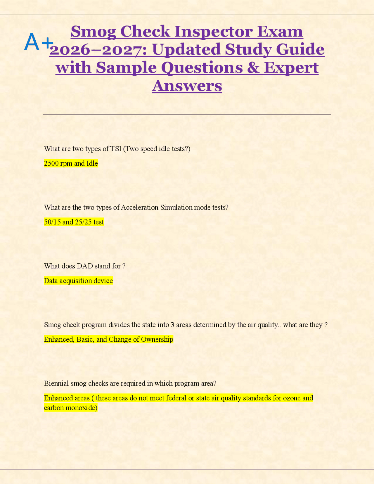 Smog Check Inspector Exam 2026–2027: Updated Study Guide with Sample ...