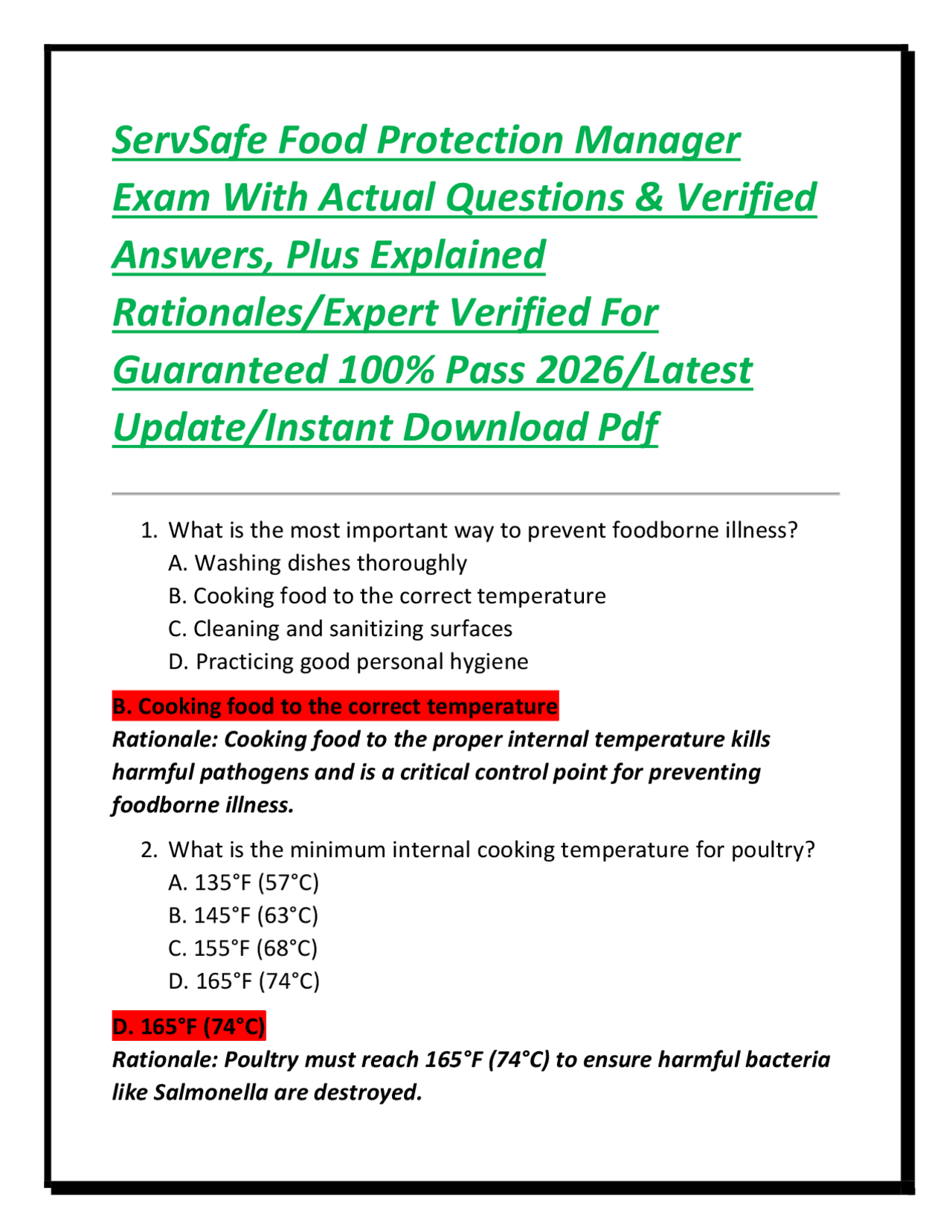 ServSafe Food Protection Manager Exam With Actual Questions & Verified ...