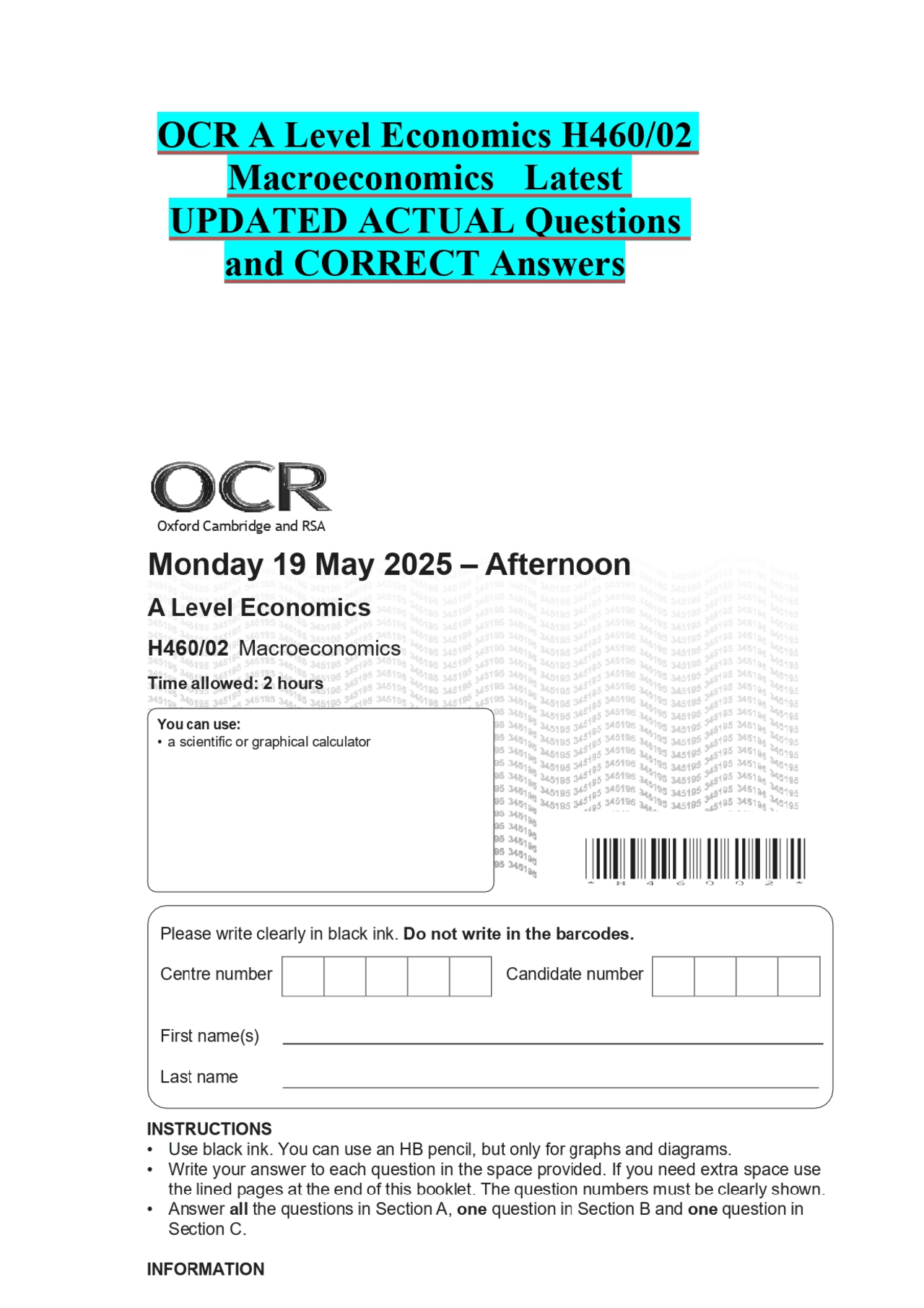 OCR A Level Economics H460/02 Macroeconomics Latest UPDATED ACTUAL ...