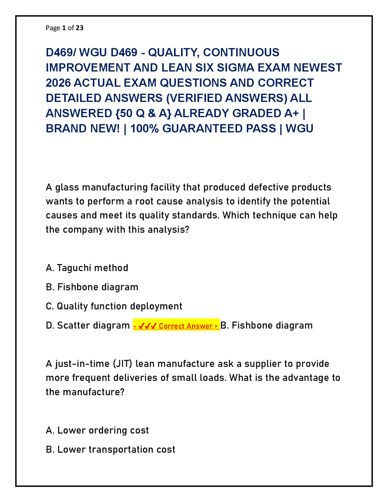 D469/ WGU D469 - QUALITY, CONTINUOUS IMPROVEMENT AND LEAN SIX SIGMA ...