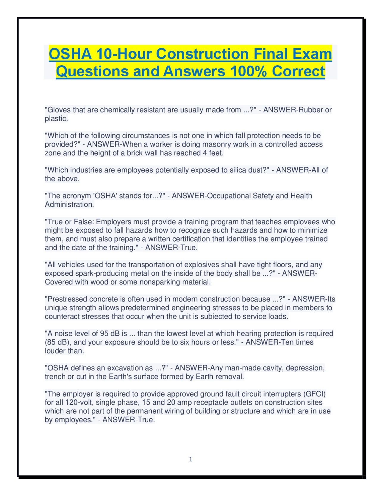 OSHA 10-Hour Construction Final Exam Questions and Answers 100% Correct ...