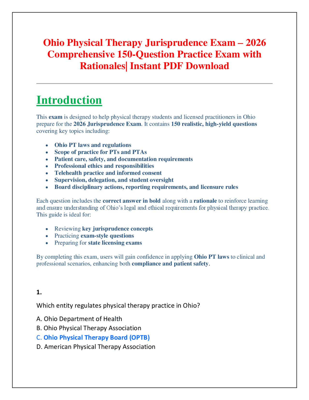Ohio Physical Therapy Jurisprudence Exam – 2026 Comprehensive 150 ...