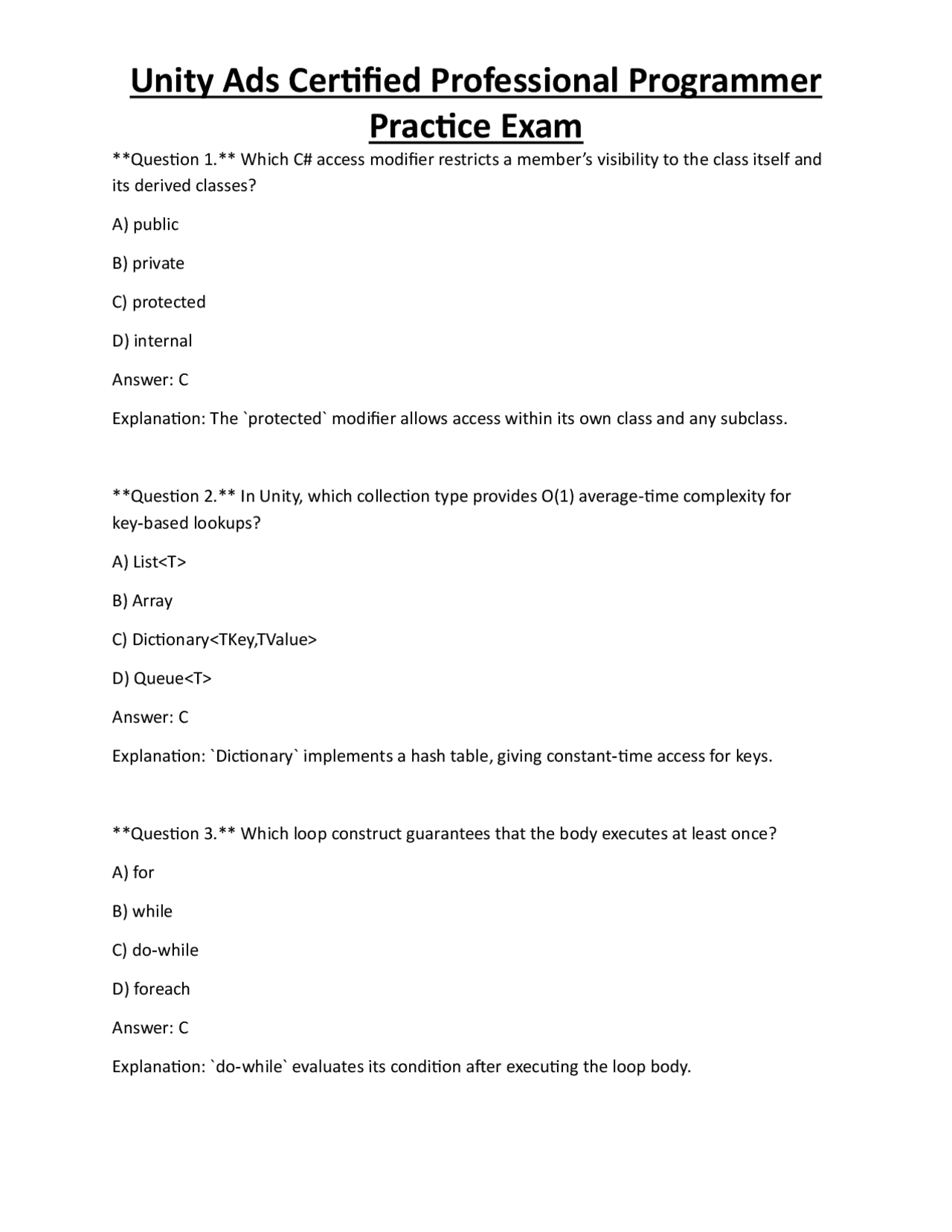 Unity Ads Certified Professional Programmer Practice Exam | Exams ...
