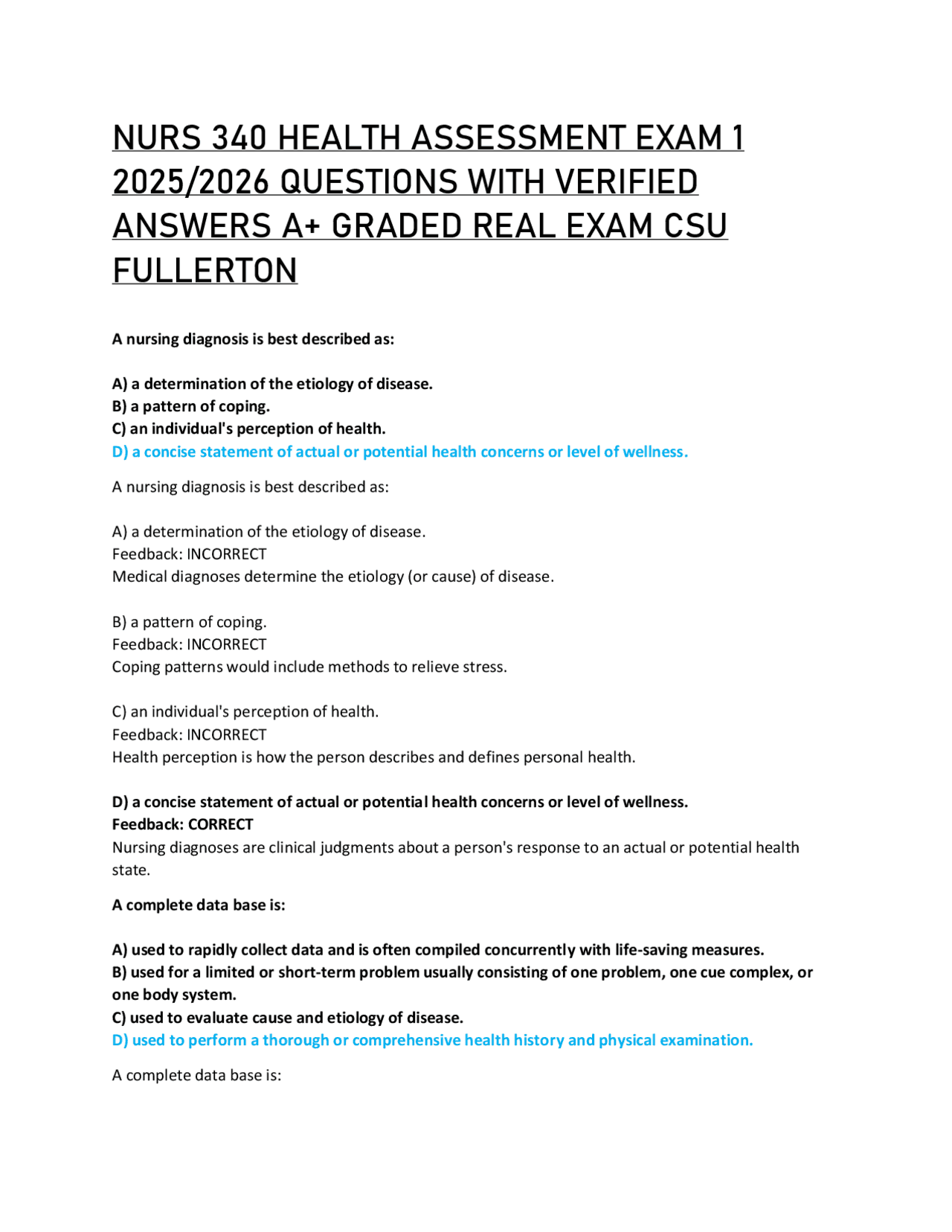 NURS 340 HEALTH ASSESSMENT EXAM 1 2025/2026 QUESTIONS WITH VERIFIED ...