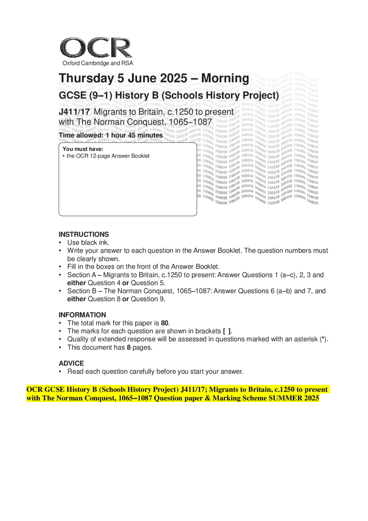 OCR GCSE History B (Schools History Project) J411/17; QP & MS SUMMER ...
