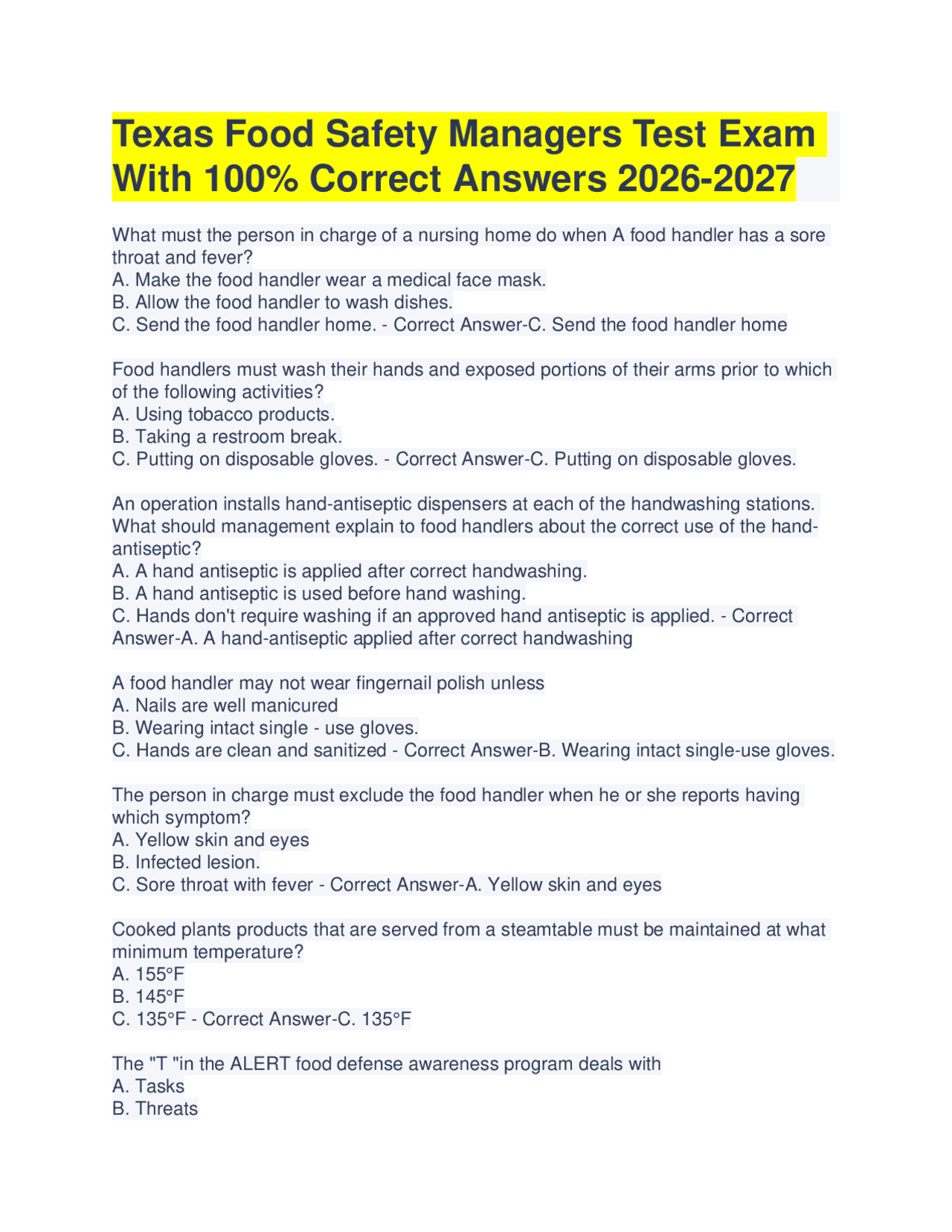 Texas Food Safety Managers Test Exam With 100% Correct Answers 2026 ...