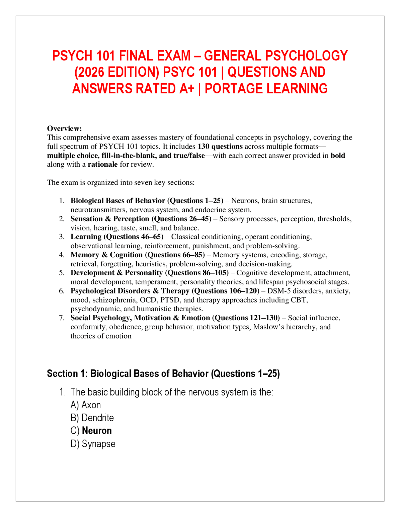 PSYCH 101 FINAL EXAM – GENERAL PSYCHOLOGY (2026 EDITION) PSYC 101 ...