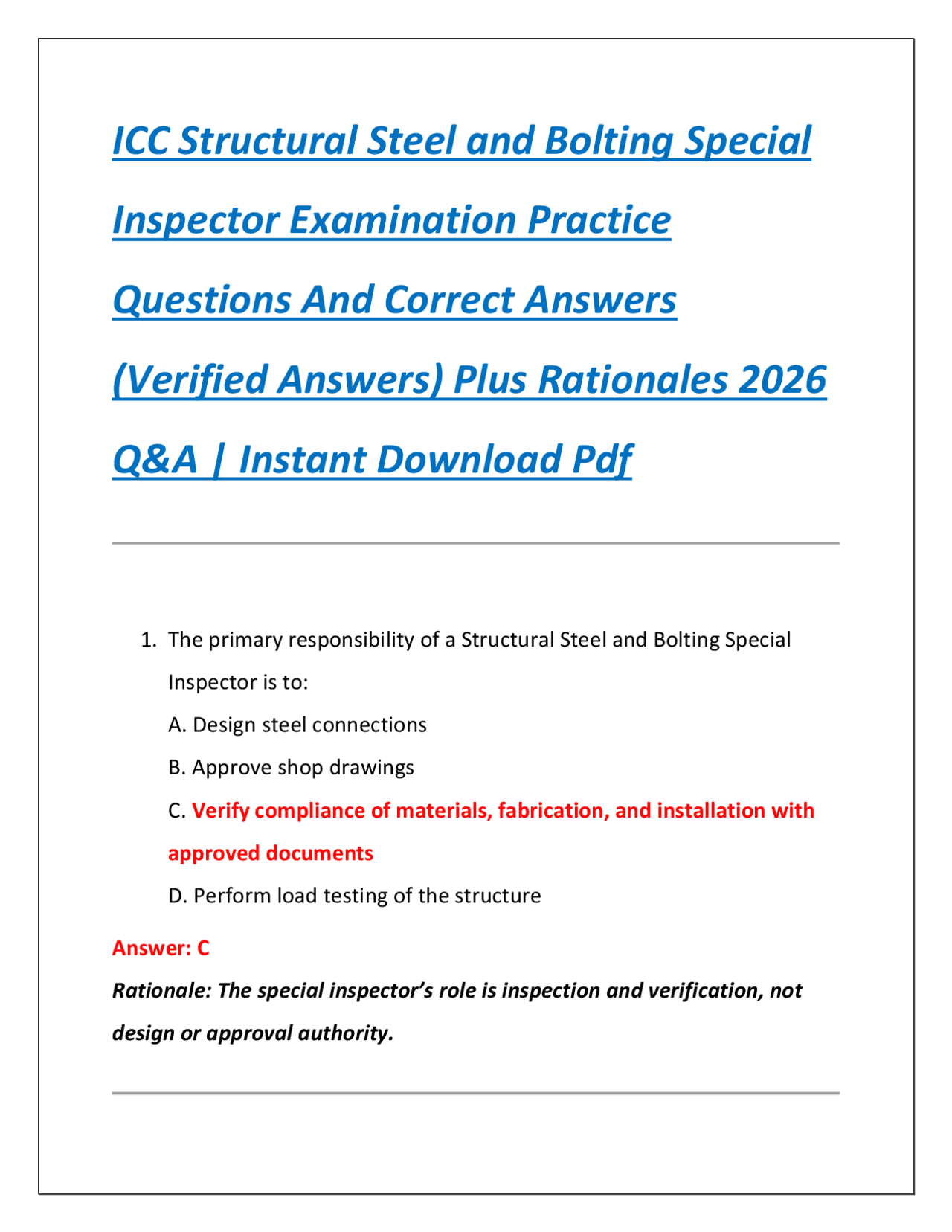 ICC Structural Steel and Bolting Special Inspector Examination Practice ...