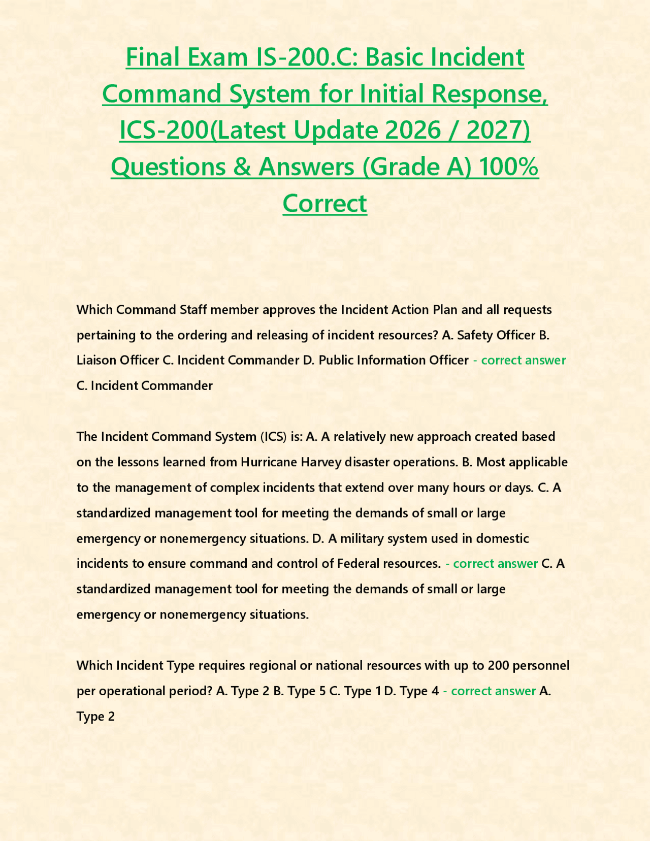 Final Exam IS-200.C: Basic Incident Command System for Initial Response ...