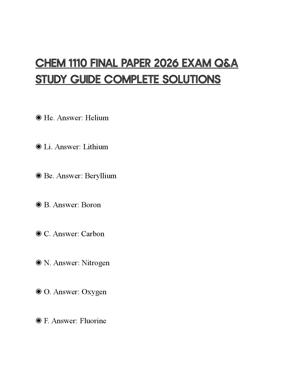 CHEM 1110 FINAL PAPER 2026 EXAM Q&A STUDY GUIDE COMPLETE SOLUTIONS ...
