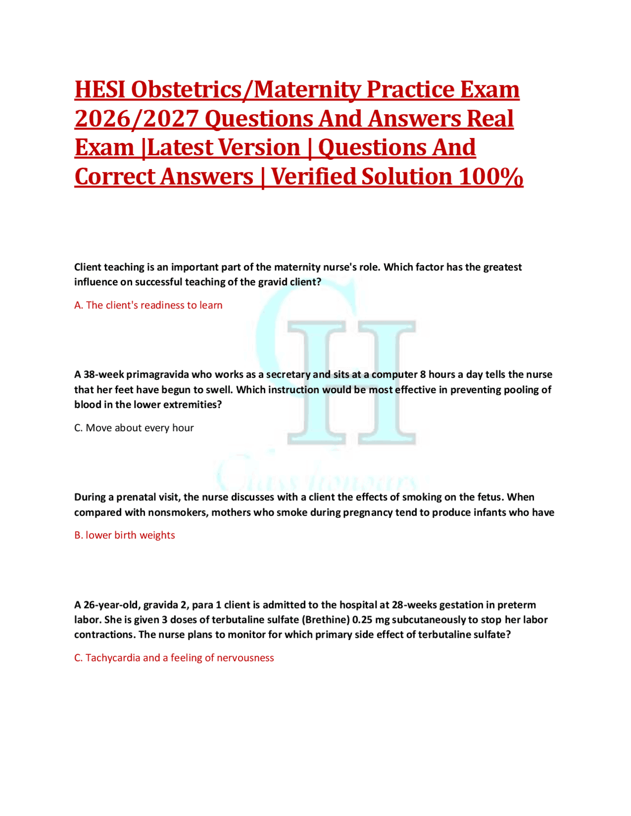 HESI Obstetrics/Maternity Practice Exam 2026/2027 Questions And Answers ...