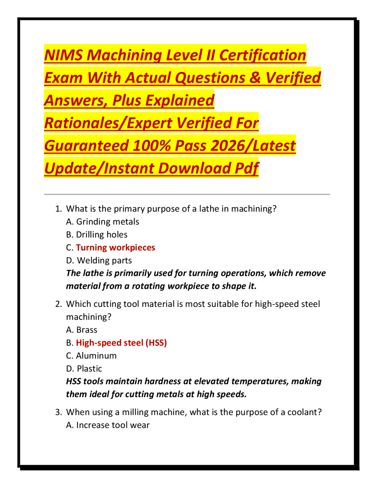 NIMS Machining Level II Certification Exam With Actual Questions ...