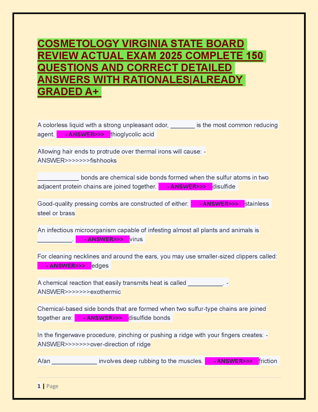 COSMETOLOGY VIRGINIA STATE BOARD REVIEW ACTUAL EXAM 2025 COMPLETE QUESTIONS AND ANSWERS | Exams ...